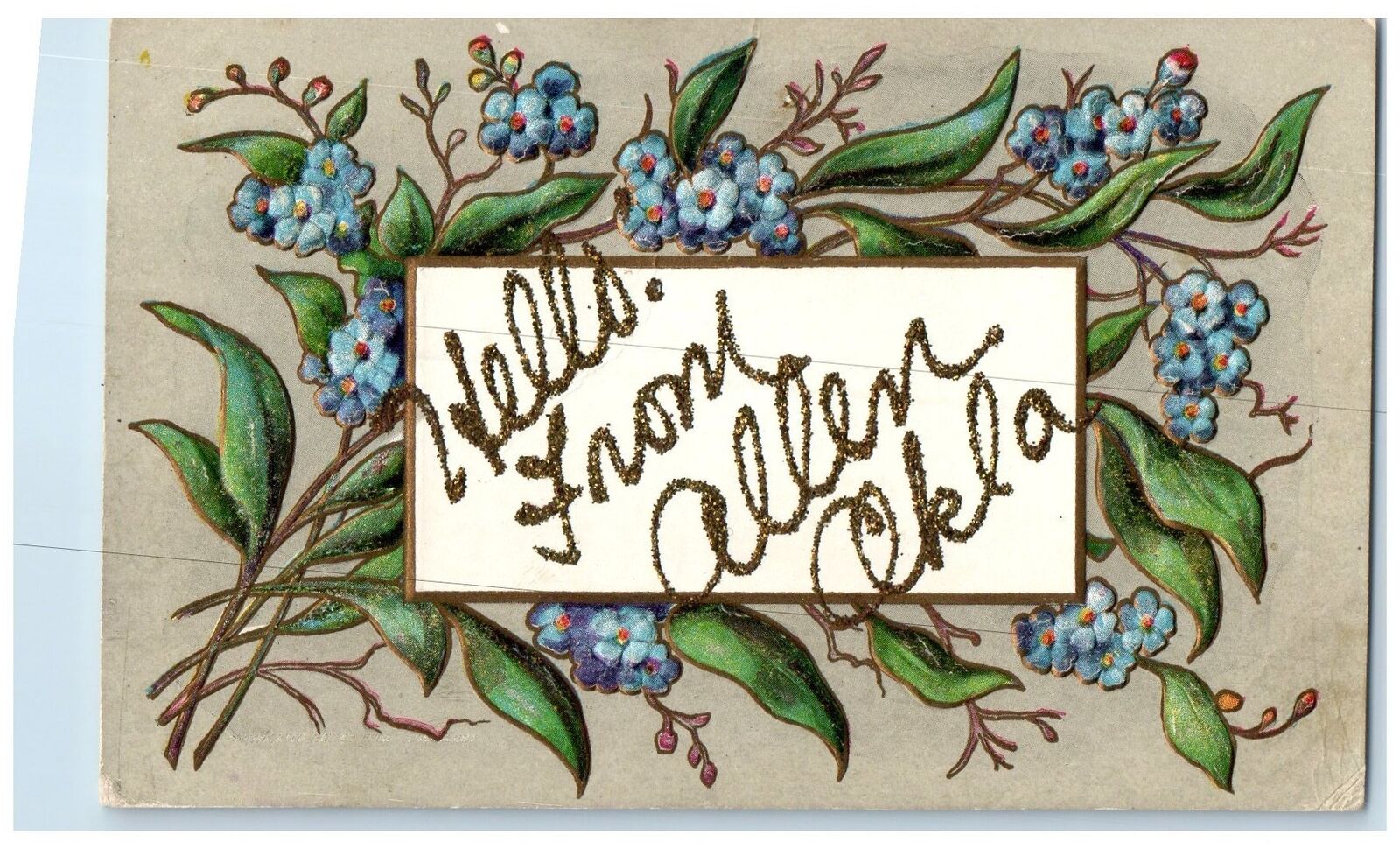c1910 Greetings From Allen Oklahoma OK Unposted Embossed Flowers Leaves Postcard