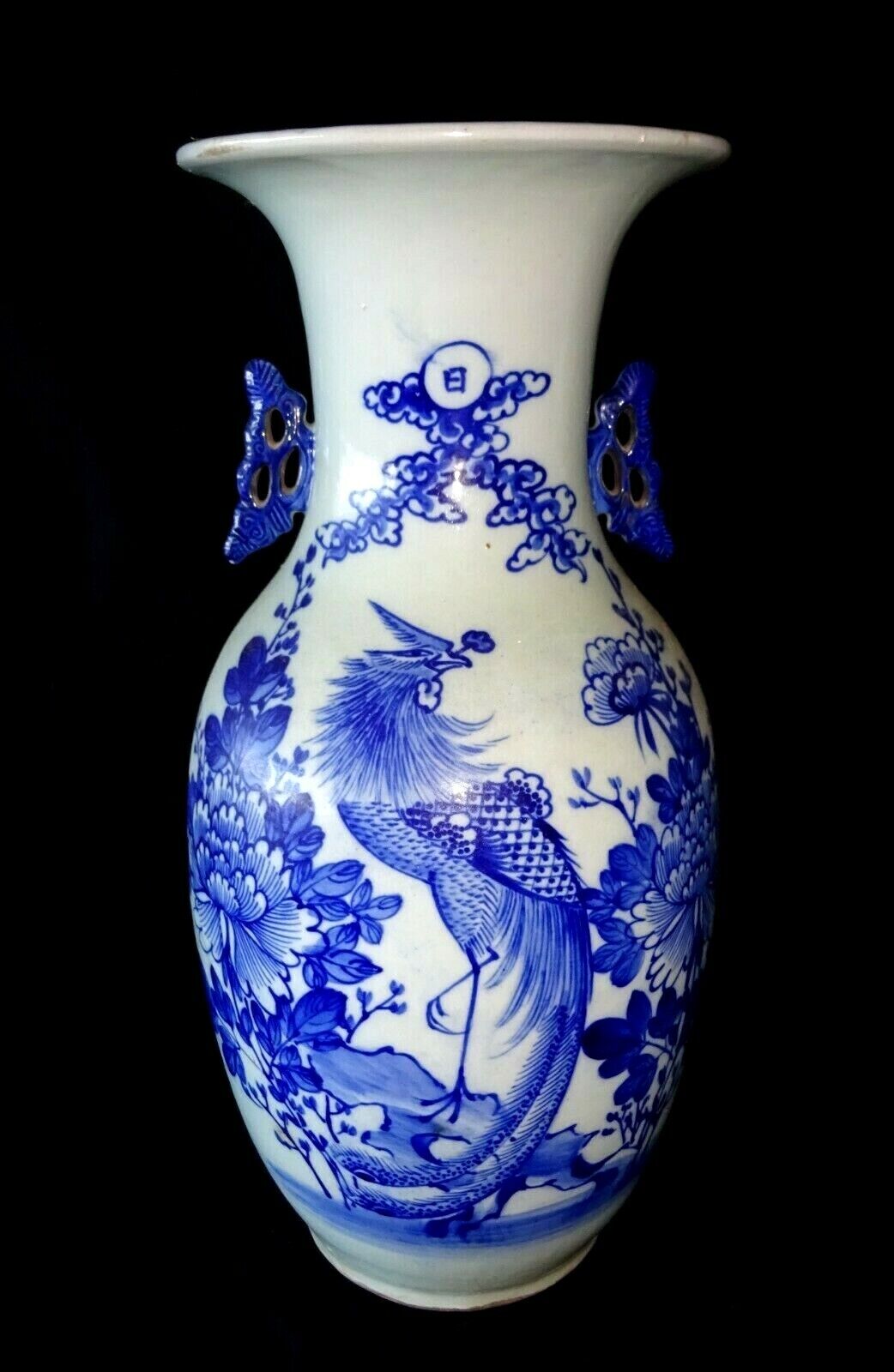 19C Chinese Large Porcelain B&W Vase w. Fanciful Bird in a Garden Motif (HeN)#3