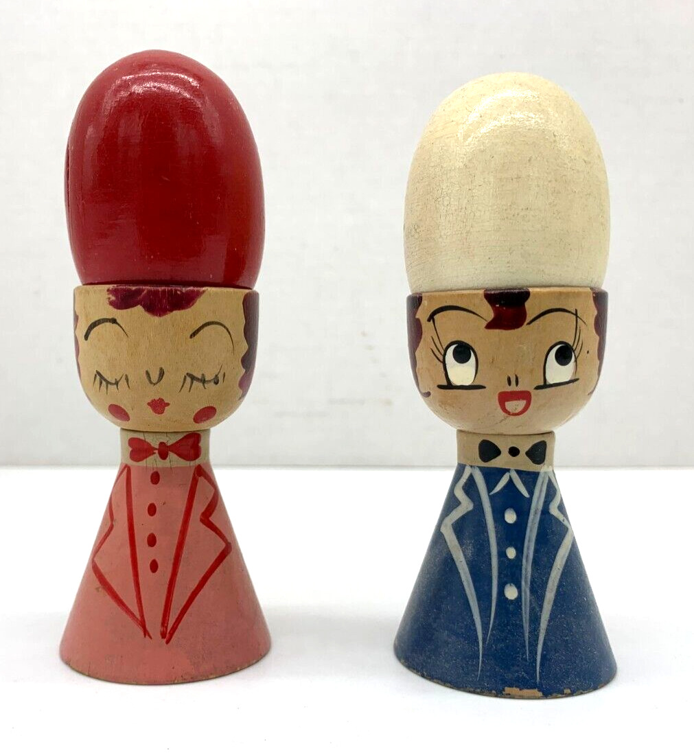 Vintage Wooden Boy / Girl Egg Head Hand Painted Salt & Pepper Shakers    Japan