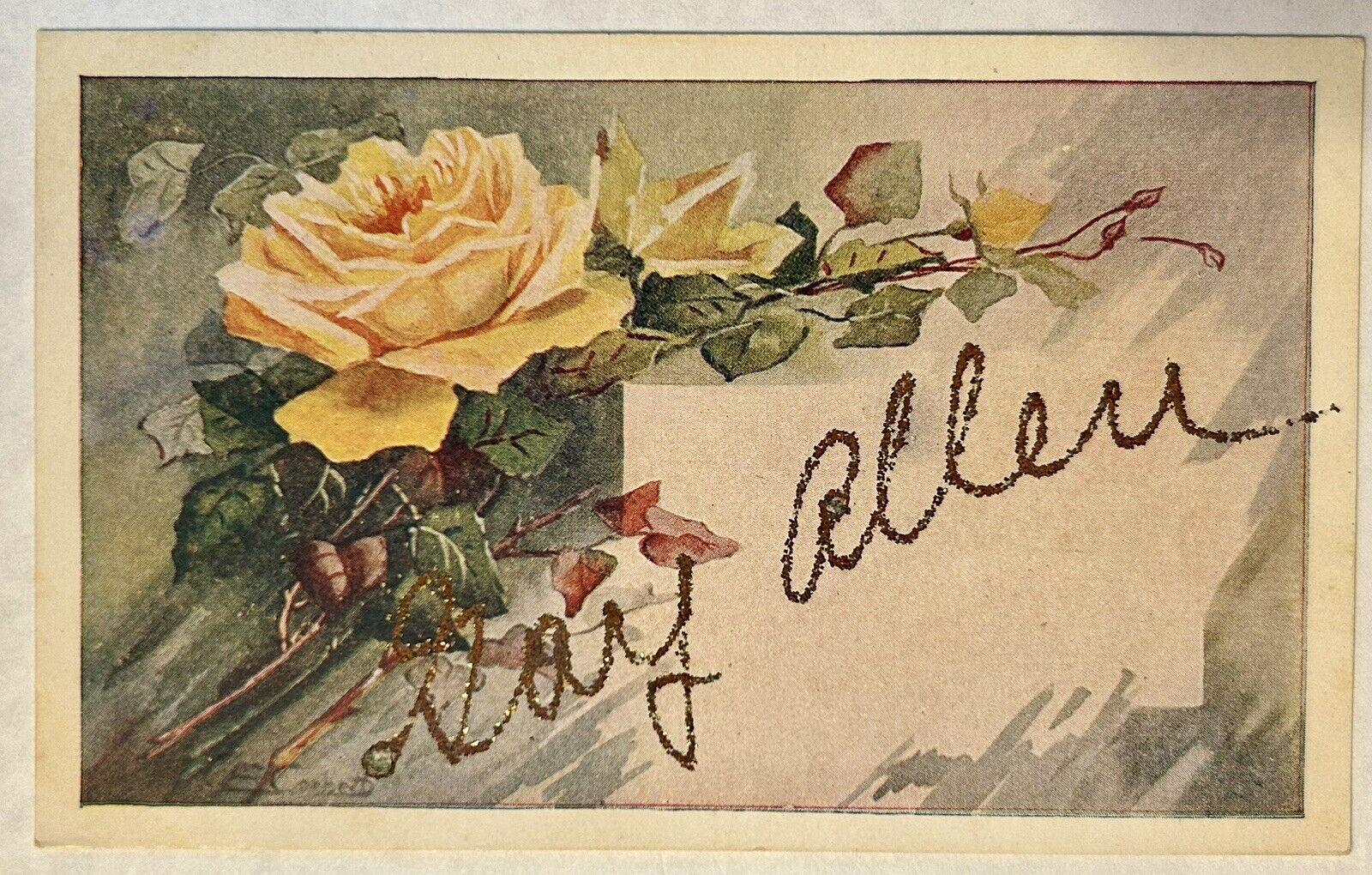 Early 1900’s Postcard With Glitter And Glue. Flowers.
