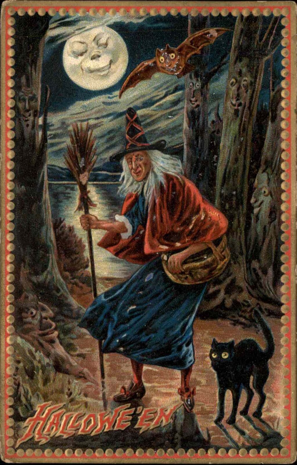 Halloween Witch Man in the Moon TUCK #160 Embossed c1910 Postcard