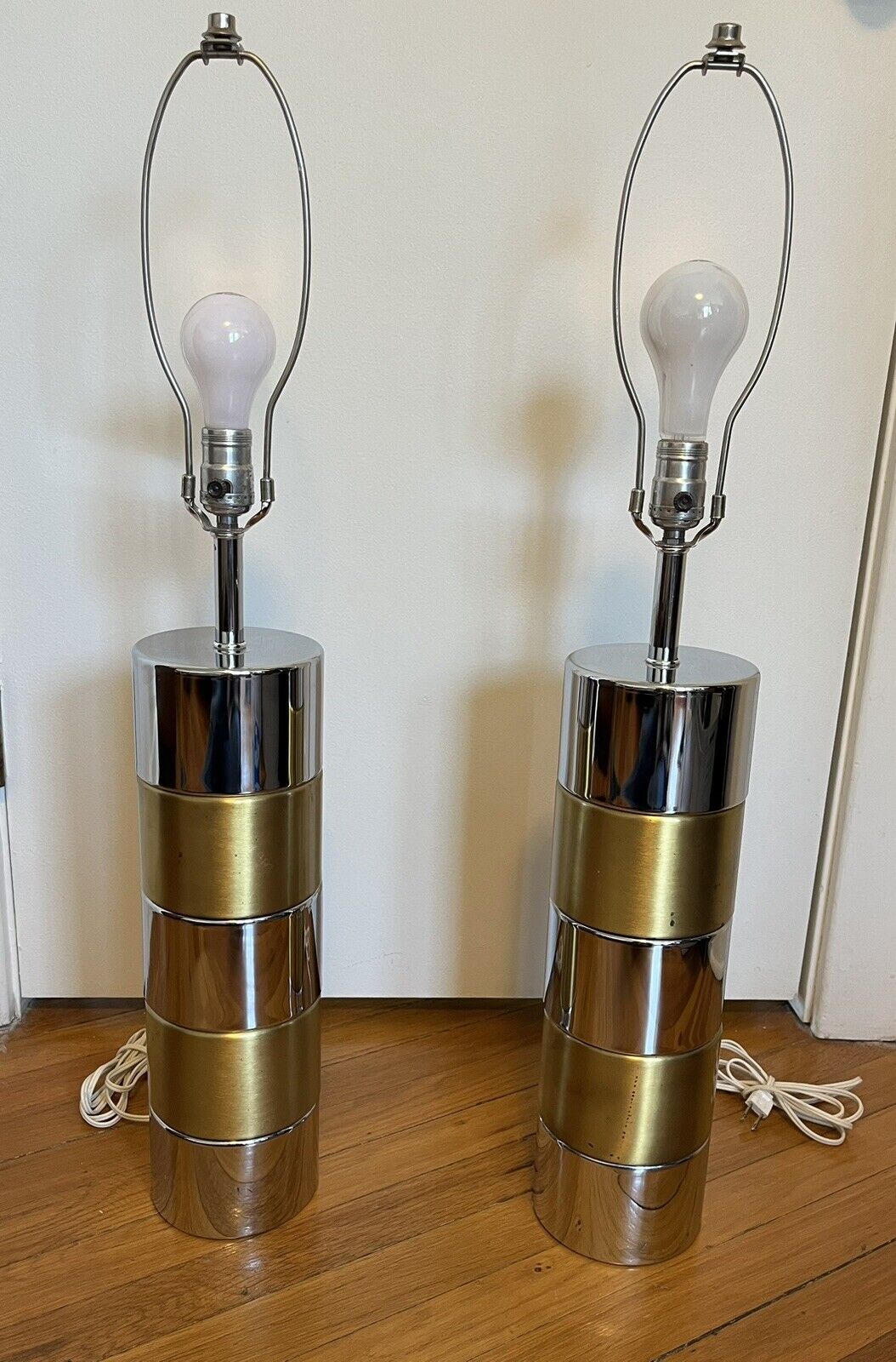 Vtg Pair Mutual Sunset MSLC Chrome & Brass Cylinder Table Lamps Mid Century