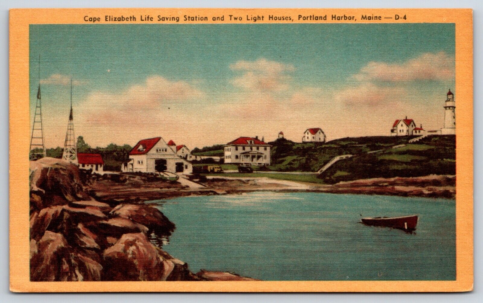 Postcard Cape Elizabeth Life Saving Station & Two Lighthouses Portland Harbor ME