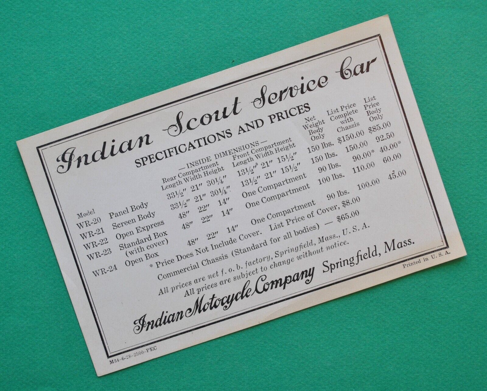 Antique Original 1928 Indian Motorcycle Brochure Scout Service Car Specification