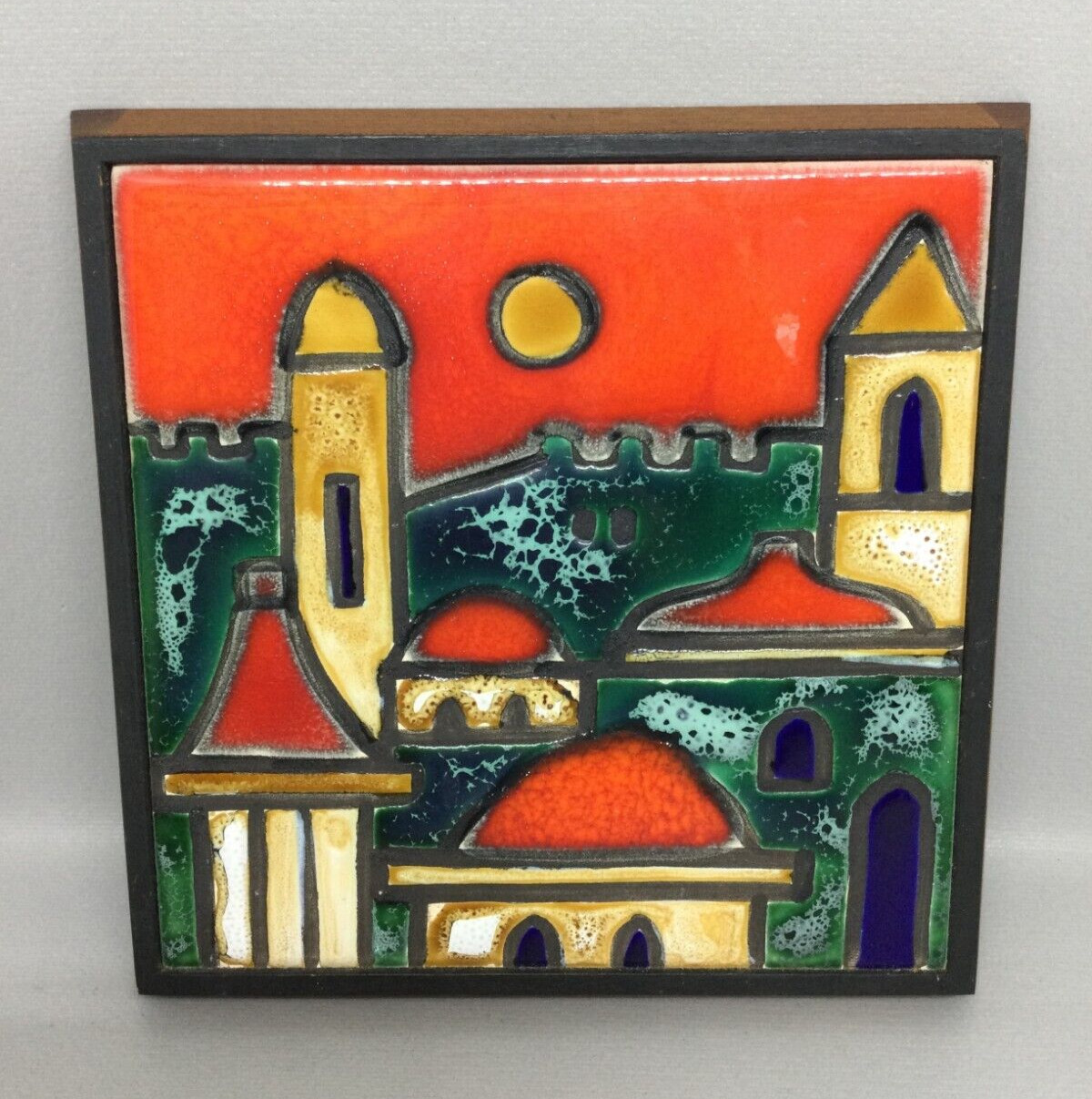 Vintage Jerusalem Ein Reb Framed Art Pottery Tile Glazed Ceramic Judaica Israel