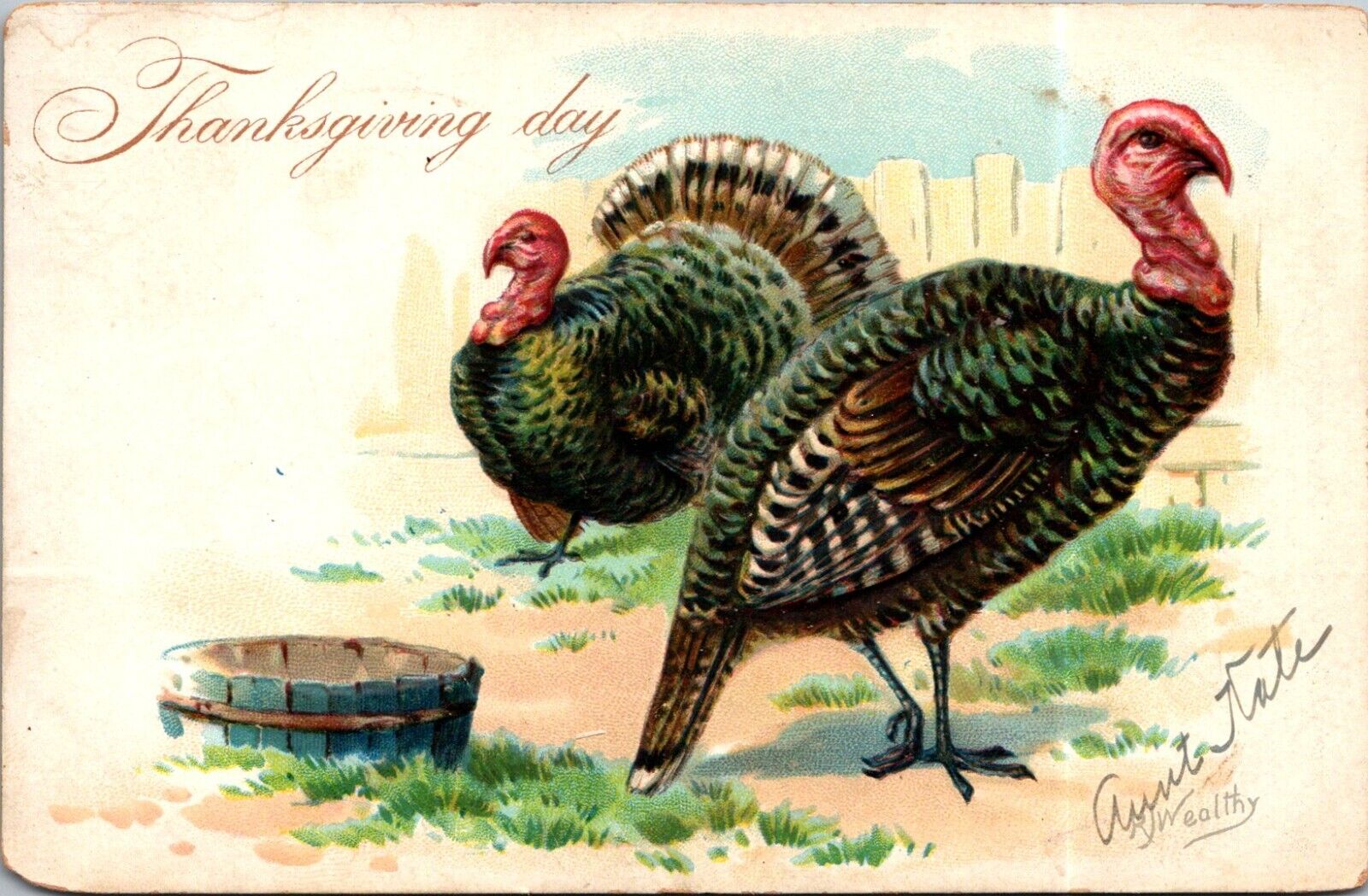 Raphael Tuck Thanksgiving Day Postcard Two Turkeys Artist Signed R.J. Wealthy SA