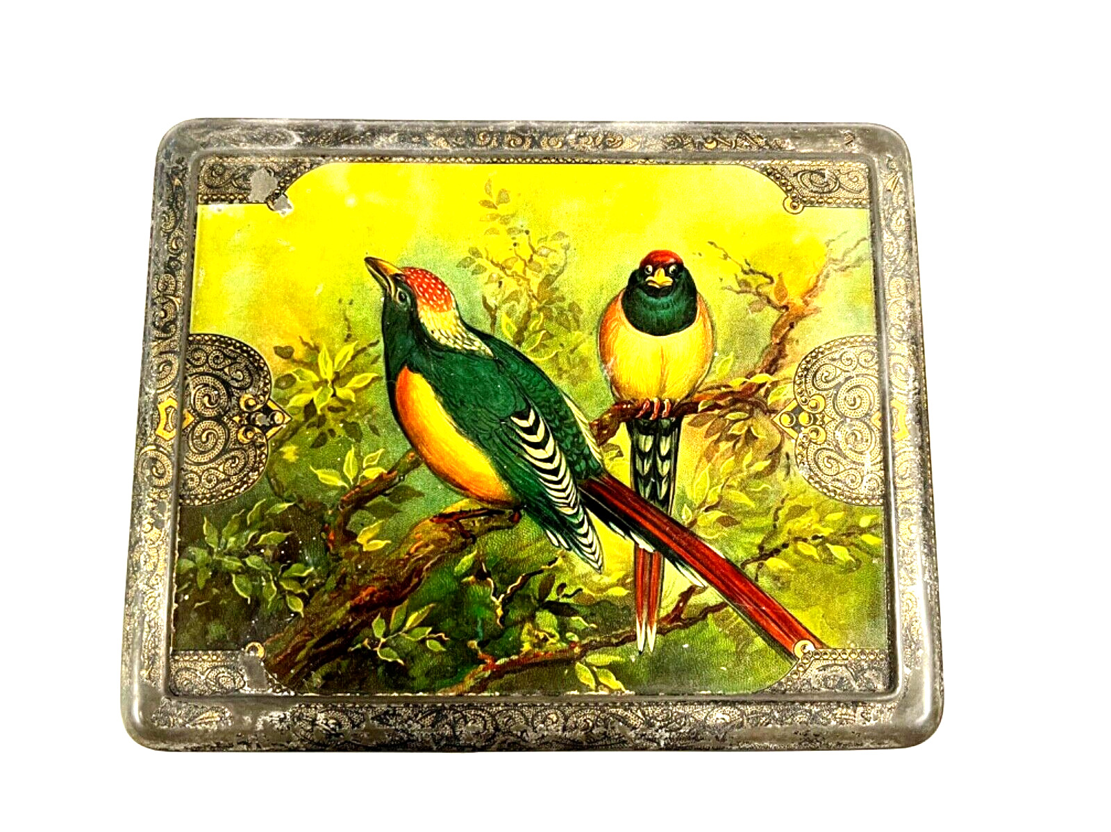 Antique Biscuit Tin; English Or German; Large; Beautiful Birds On Surface; 1890s