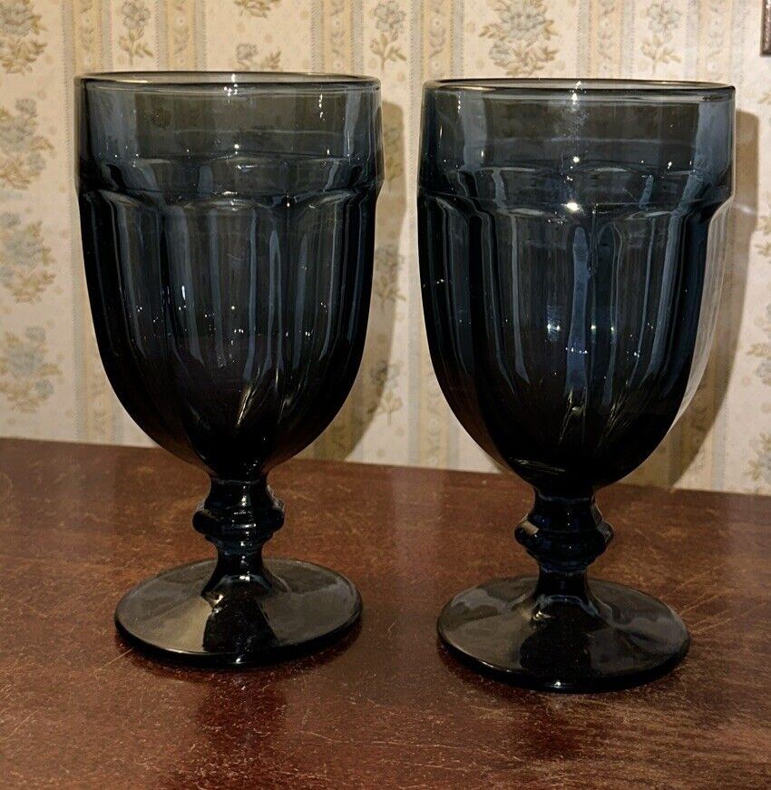 (2) VTG Libbey “Gibraltar Antique Blue” Duratuff Footed Water Goblet, MCM, USA