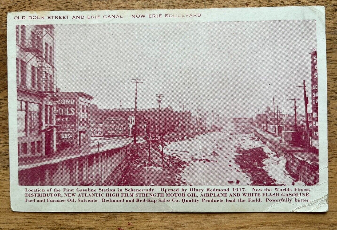 Photo Postcard 1st Gas Station Schenectady NY 1935 Old Dock St Erie Blvd Red-Kap