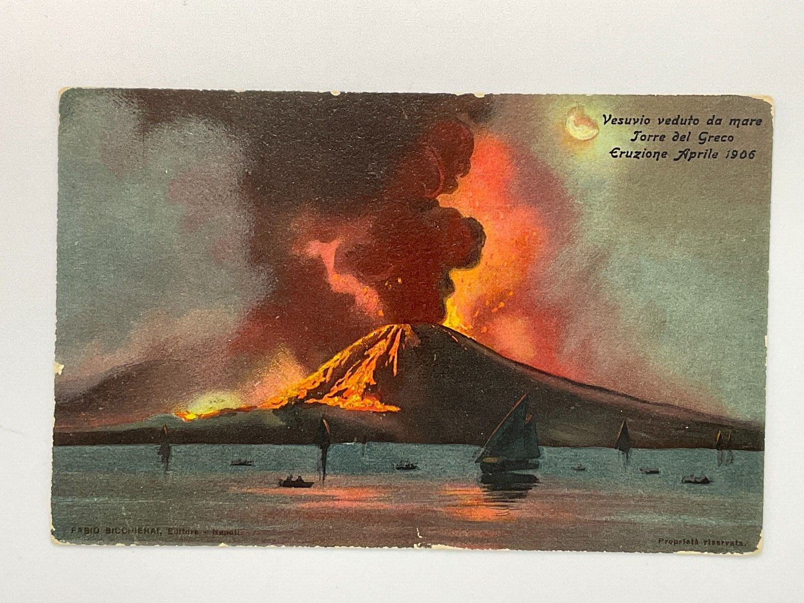 Naples Italy Mt. Vesuvius Eruption Night Scene with  Moon Lava Magma Volcano A-2