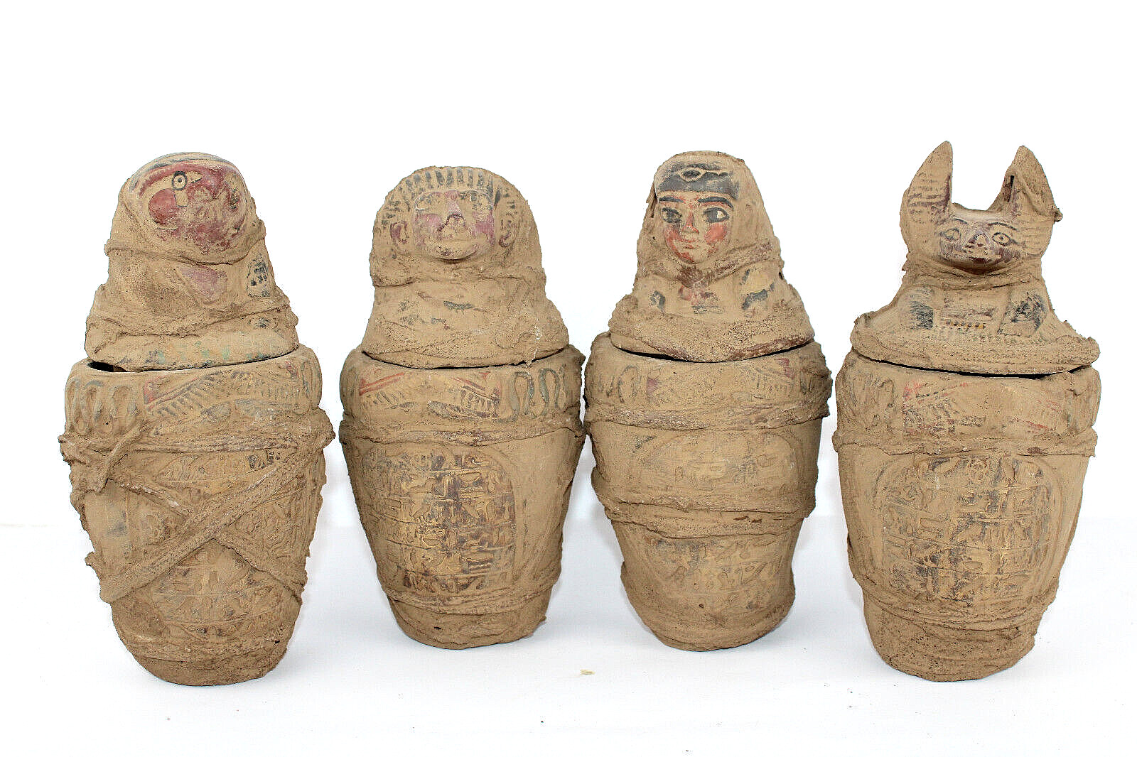 4 BIG ANCIENT EGYPTIAN ANTIQUE Mummified Canopic Jar Anubis ,Horus ,Baboon ,Isis