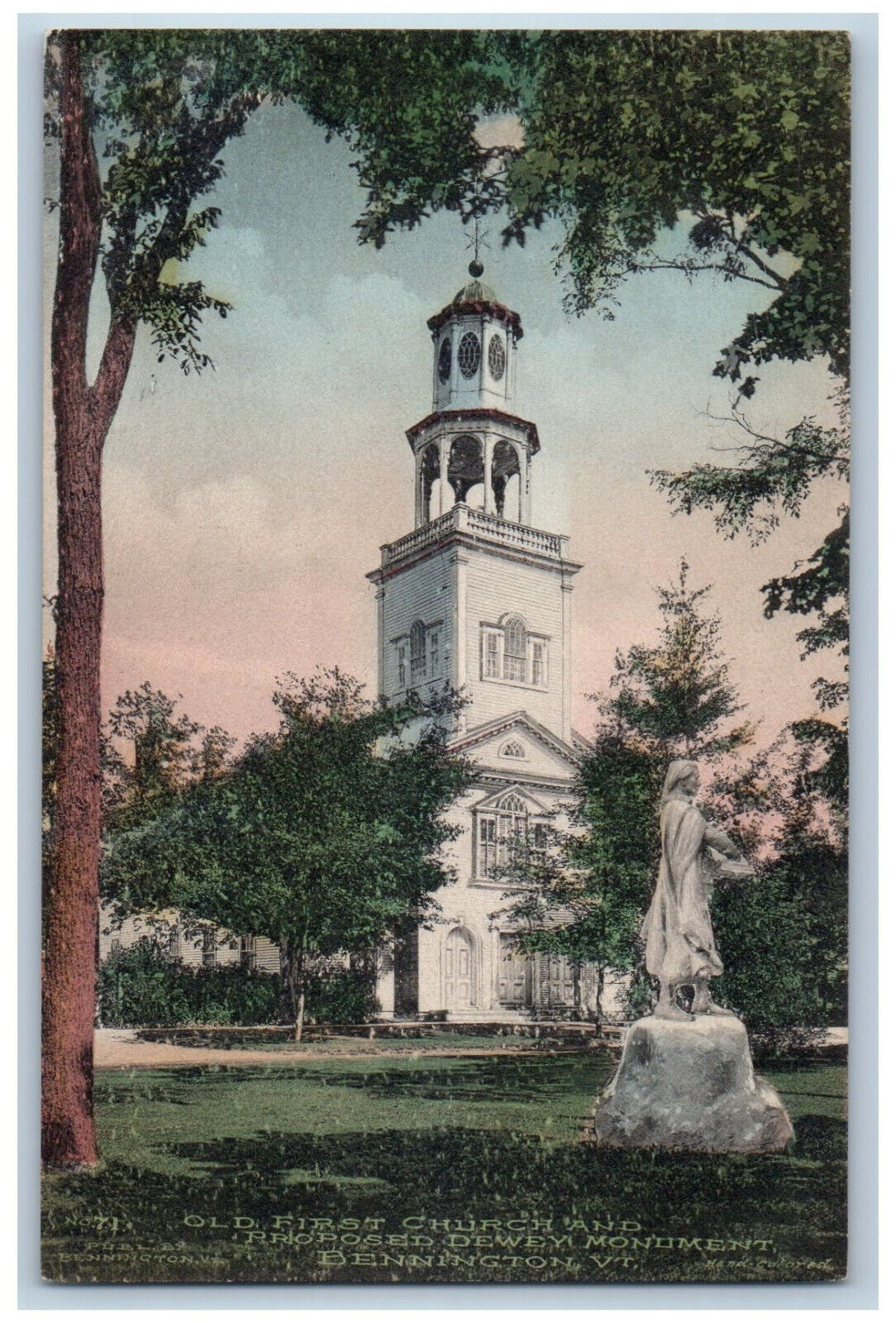 c1910 First Church Proposed Dewey Monument Bennington VT Handcolored Postcard