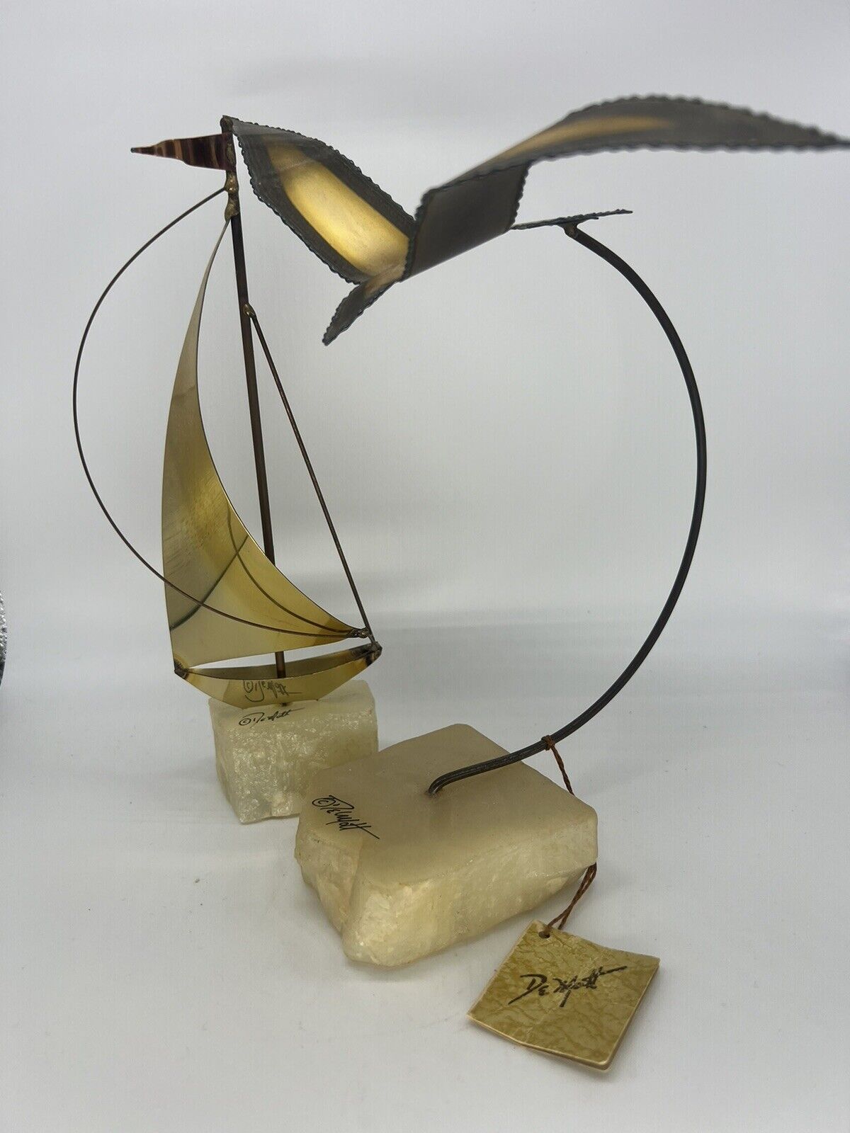 Vintage Pair Collection Set DeMott Brass Sailboat Bird Sculpture Quartz Signed