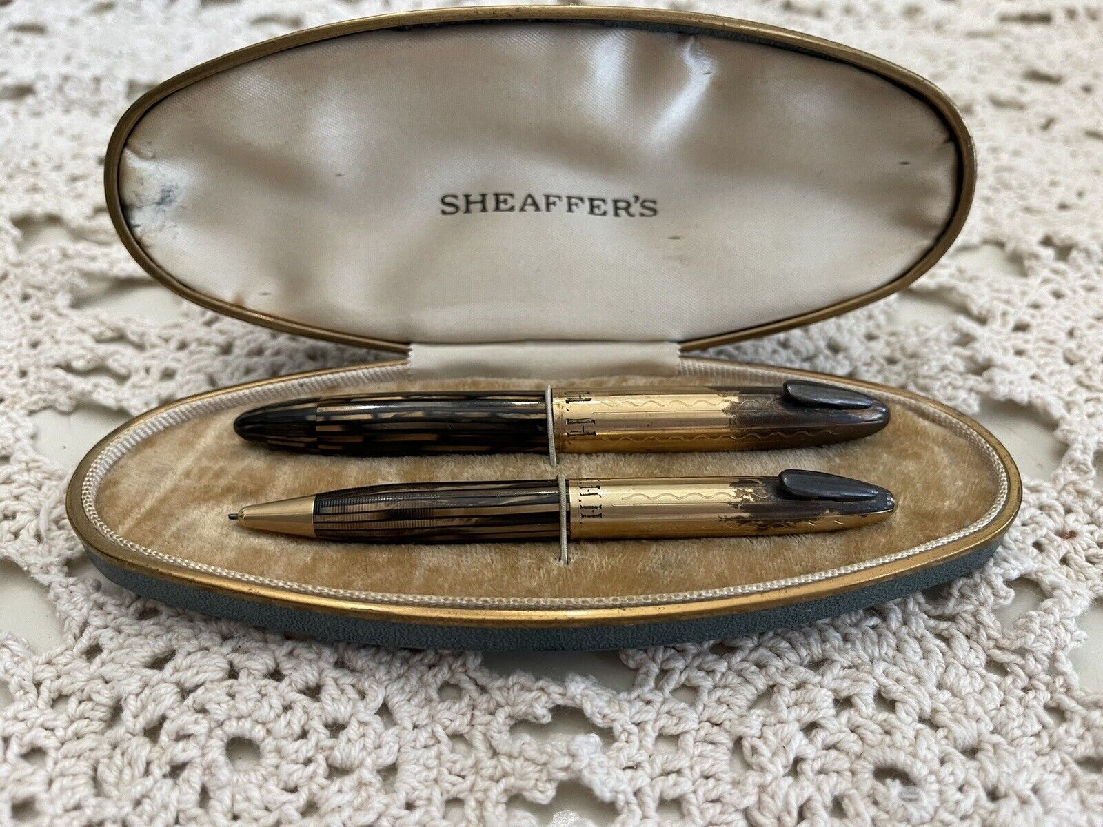 Sheaffer Vintage Tuckaway Fountain Pen & Pencel Set Brown Striped 14k Nib