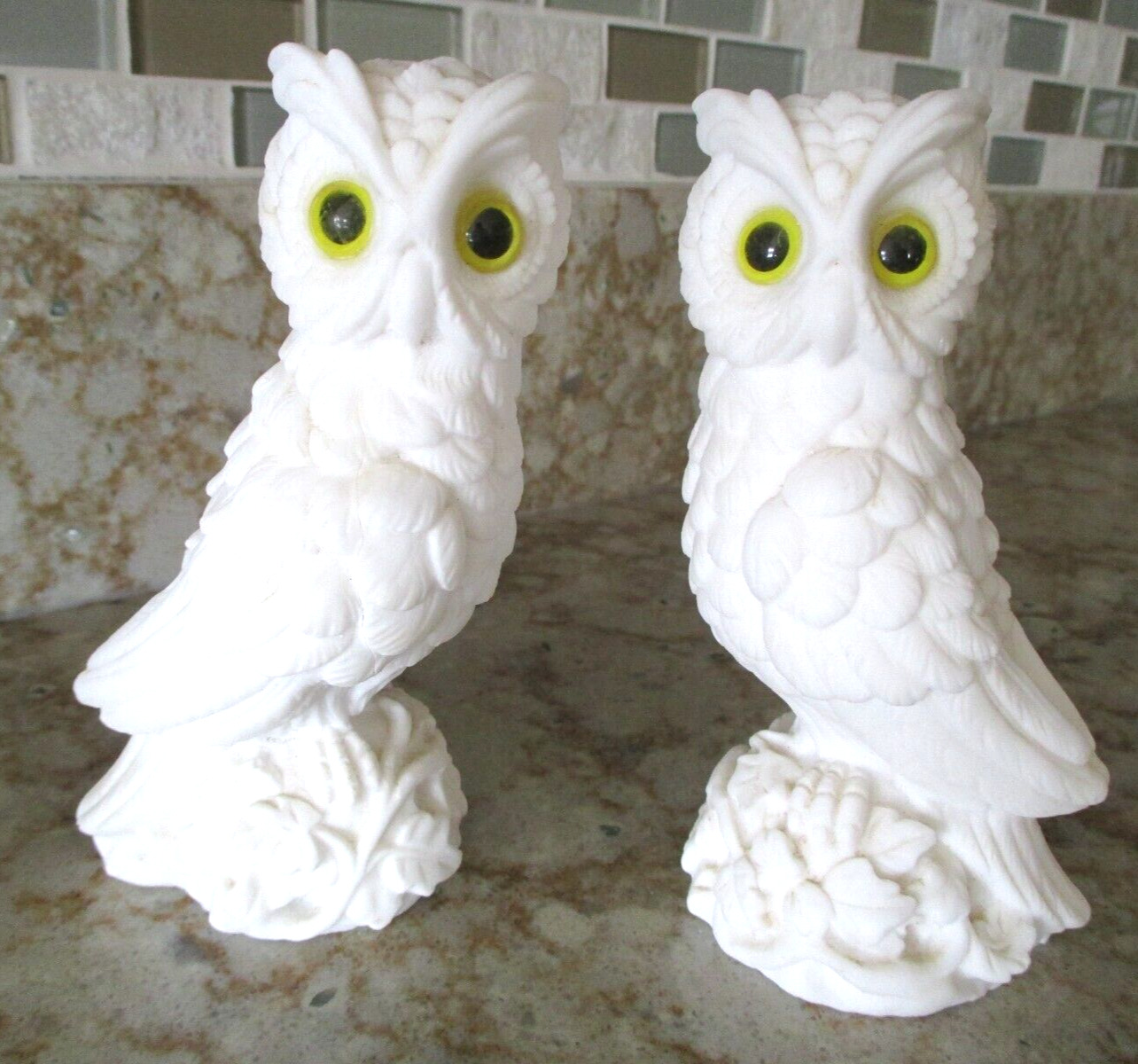 Set of 2 Vintage White Alabaster Stone Horned Owl Figurines Yellow Eyes Italy