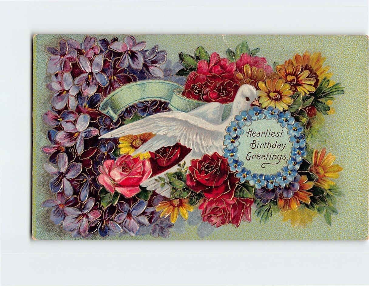 Postcard Heartiest Birthday Greetings with Flowers Bird Embossed Art Print