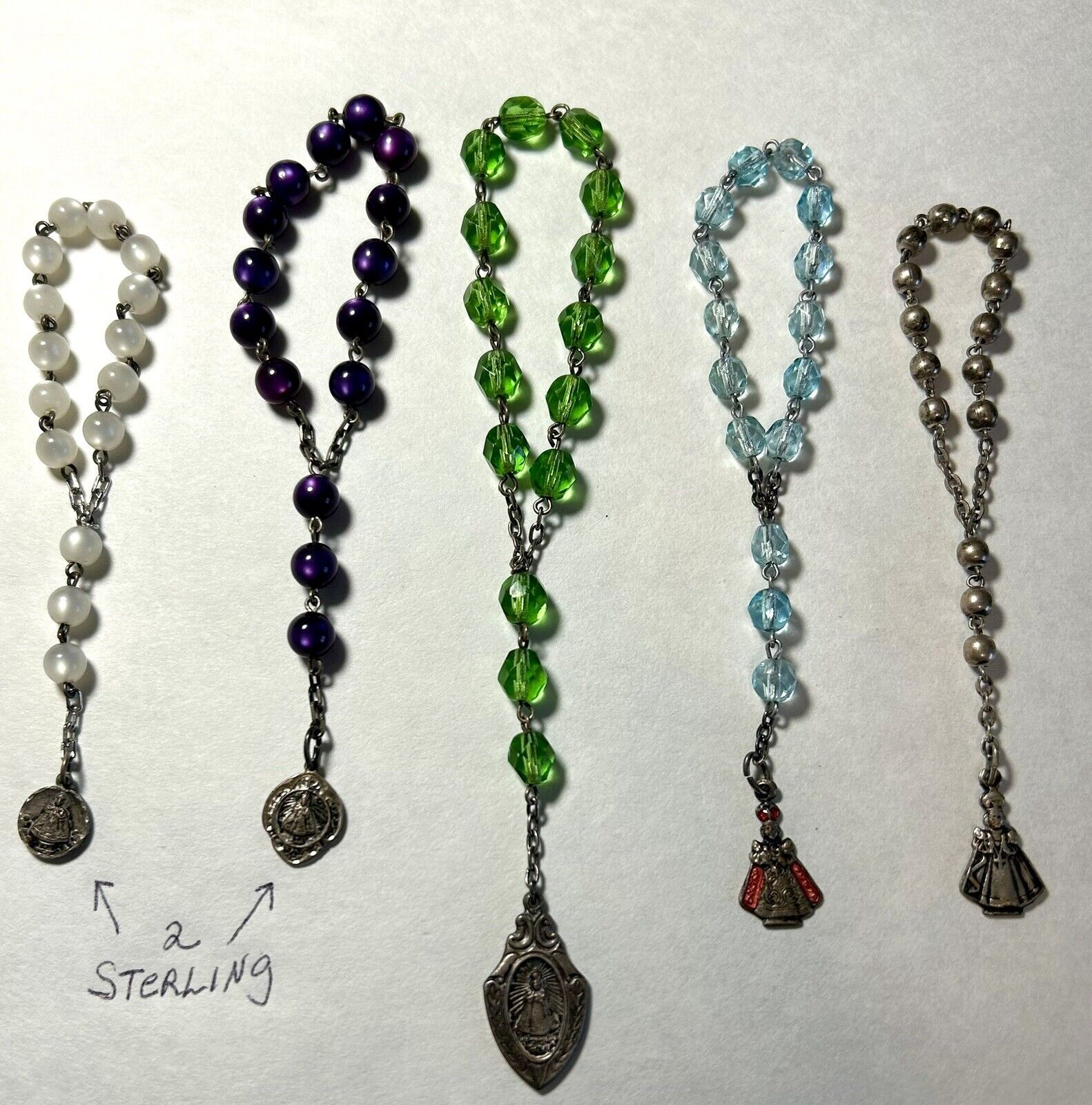 Lot Of 5 Chaplets 2-Sterling, Rosary Italy Prague Sacred Heart Catholic Vintage
