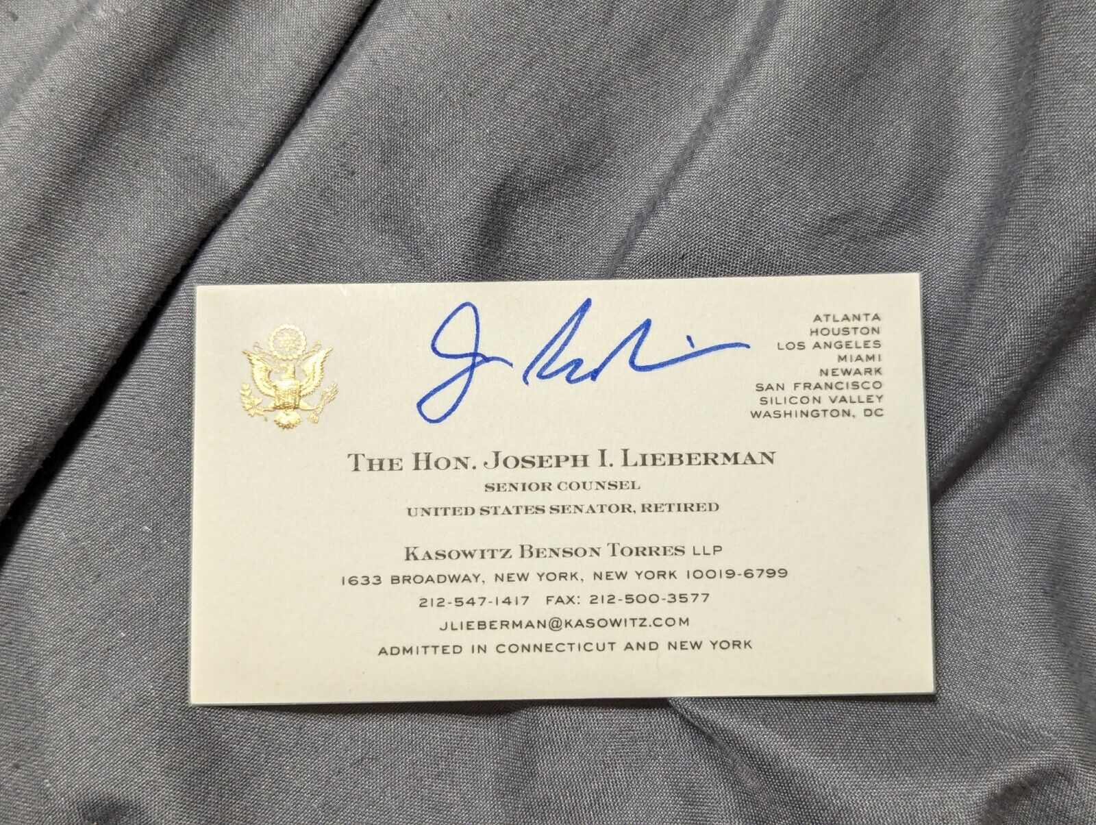 Senator Joe Lieberman Autograph signed business card 