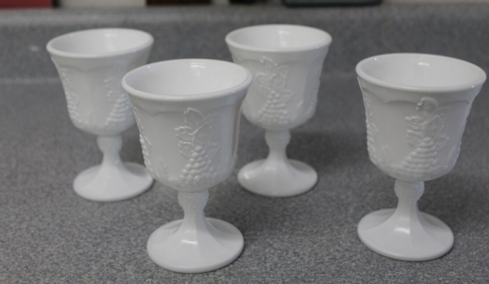 Vintage Indiana Colony White Milk Glass Goblets Harvest Grape Pattern Set of 4