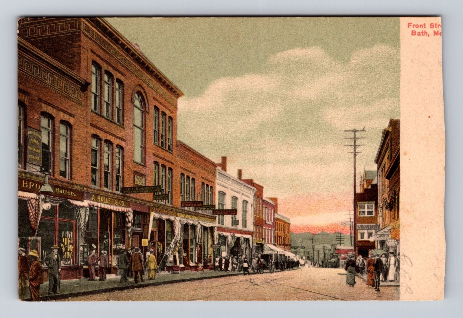 Bath ME-Maine, Front Street, Main Shopping District, Antique Vintage Postcard