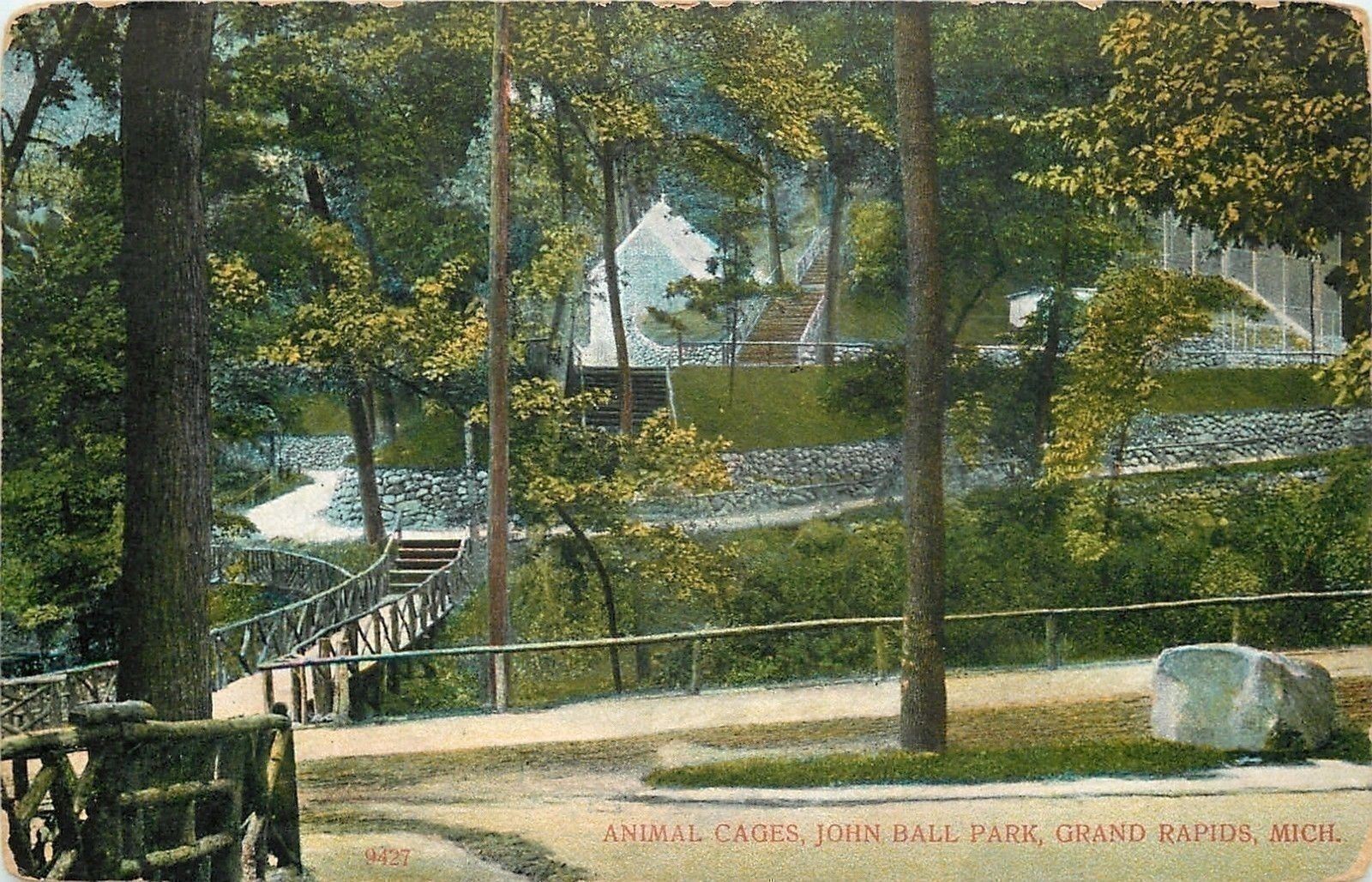 Grand Rapids Michigan~John Ball Park~Animal Cages~Rustic Bridge~1908 Postcard