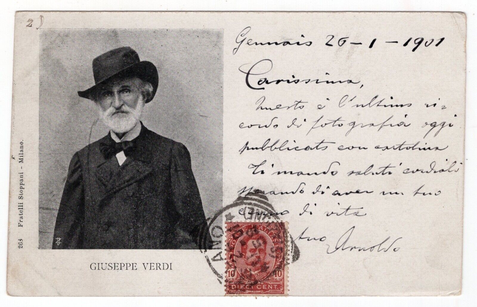 GIUSEPPE VERDI POSTCARD POSTALLY USED THE DAY BEFORE HIS DEATH, JANUARY 26, 1901