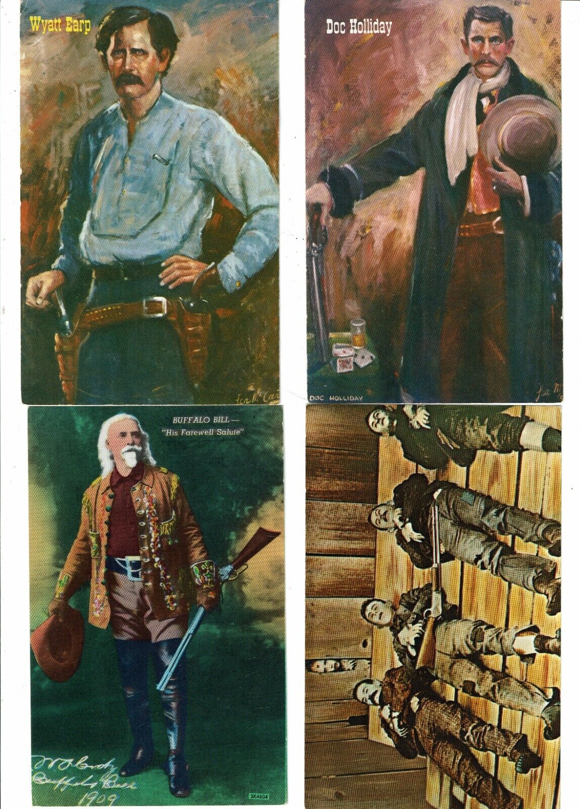 4 vintage post cards DOC HOLLIDAY, EARP, BUFFALO BILL, & DALTON GANG