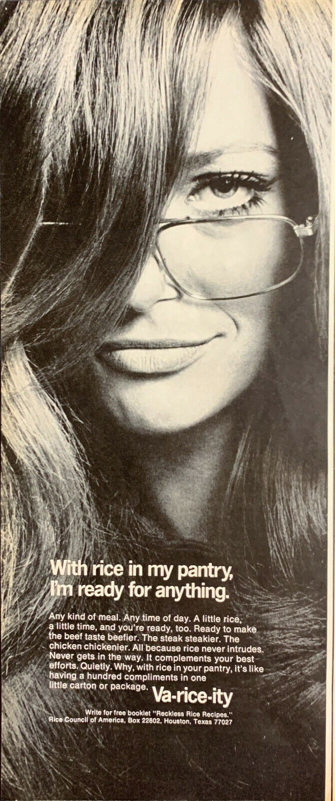 Vintage 1969 Va-Rice-Ity Sexy Woman Peering Over Glasses Print Ad Advertisement 