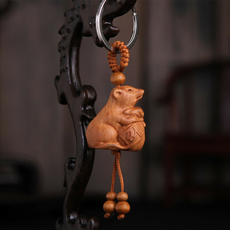 12PCS Wood Carving 3D Twelve Chinese Zodiac Animal Statue Key Chain Ring Pendant