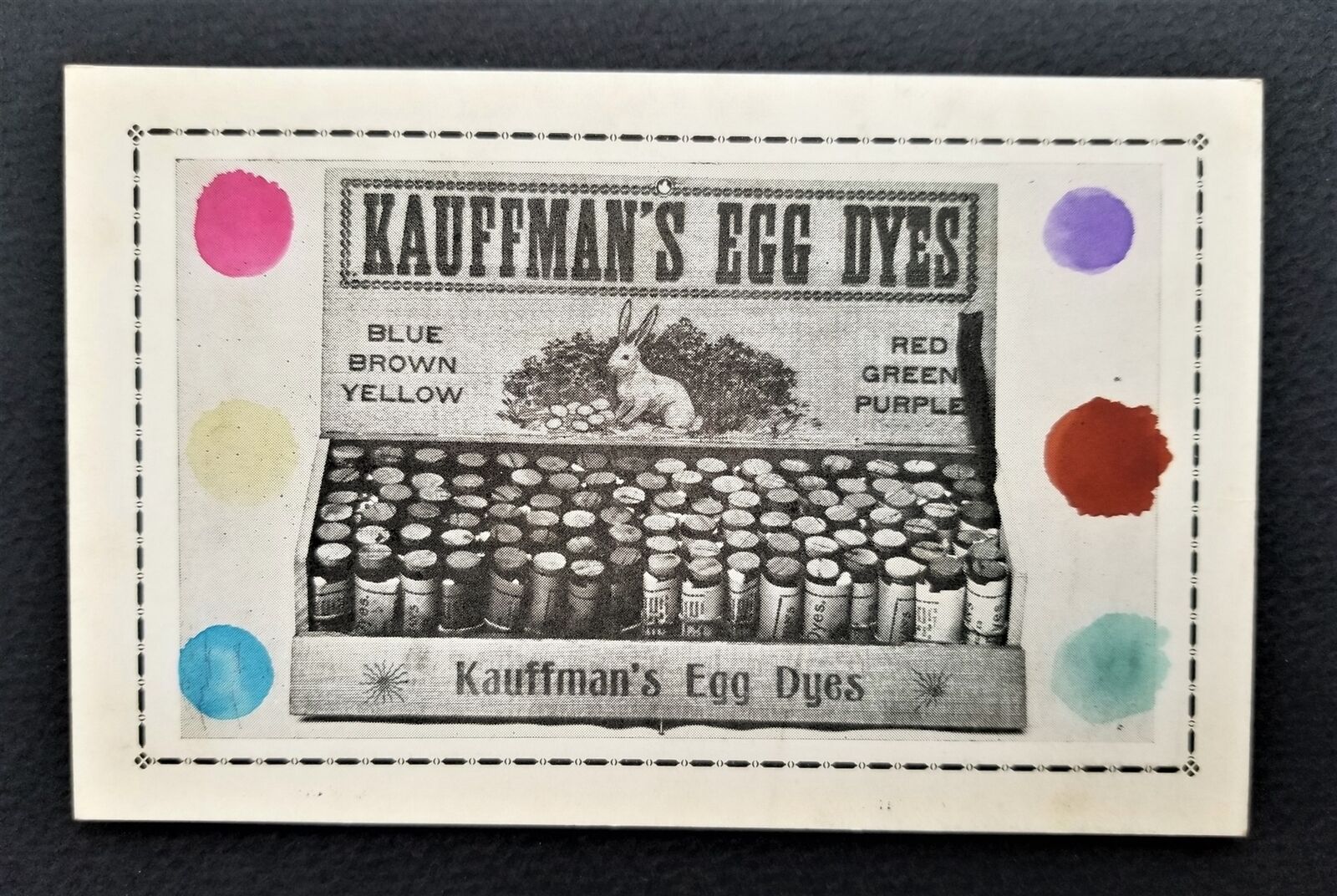 antique KAUFFMAN\'S EGG DYES gap pa EASTER Trade Card variegated sample colors