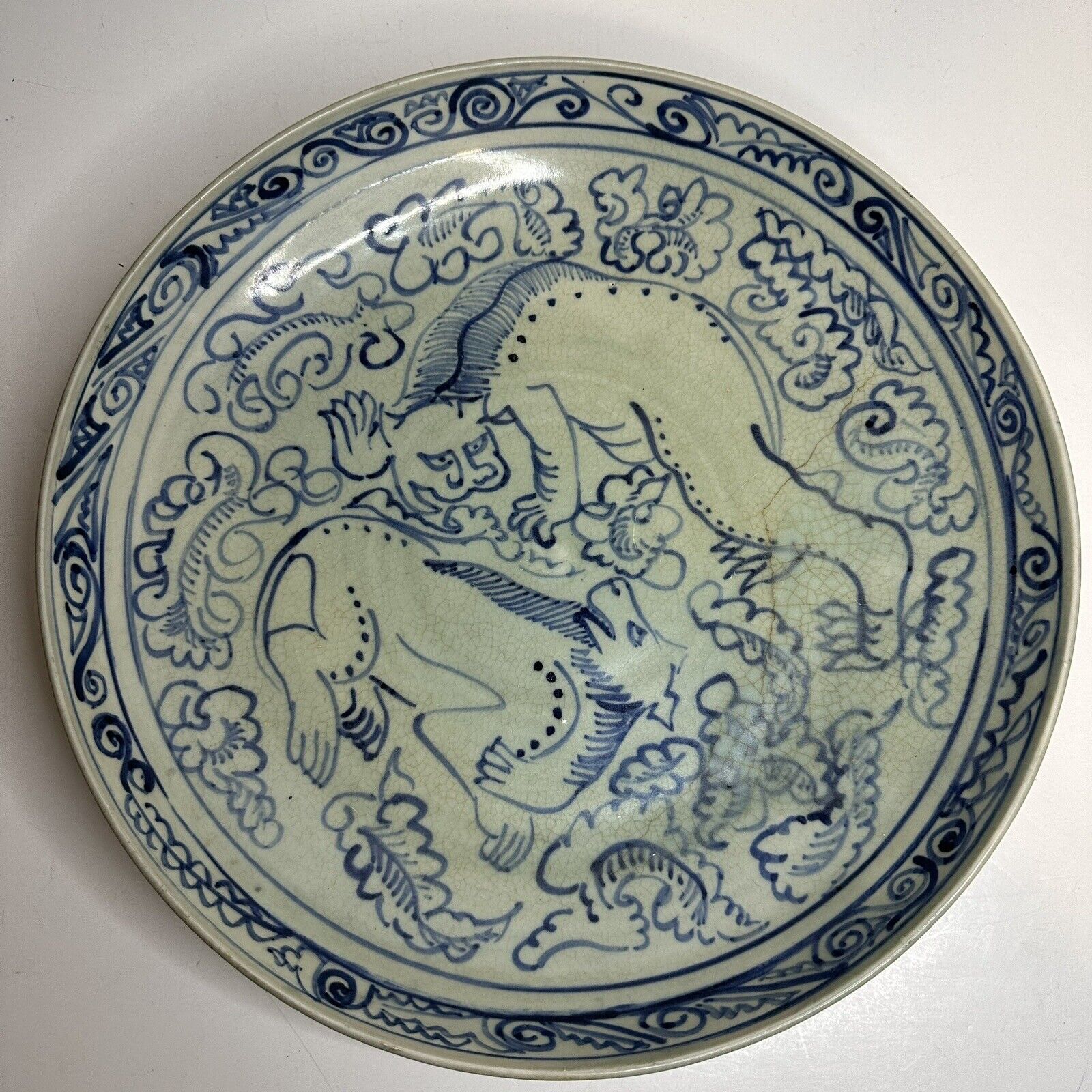 Rare Oriental Blue And White Handpainted Dragons Center Piece Bowl Whimsical