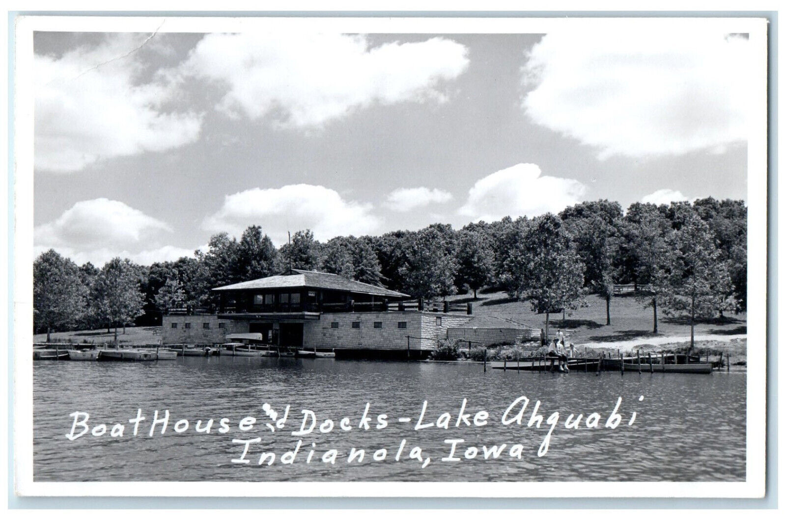 Indianola Iowa IA RPPC Photo Postcard Boathouse & Docks Lake Ahguabi c1950's