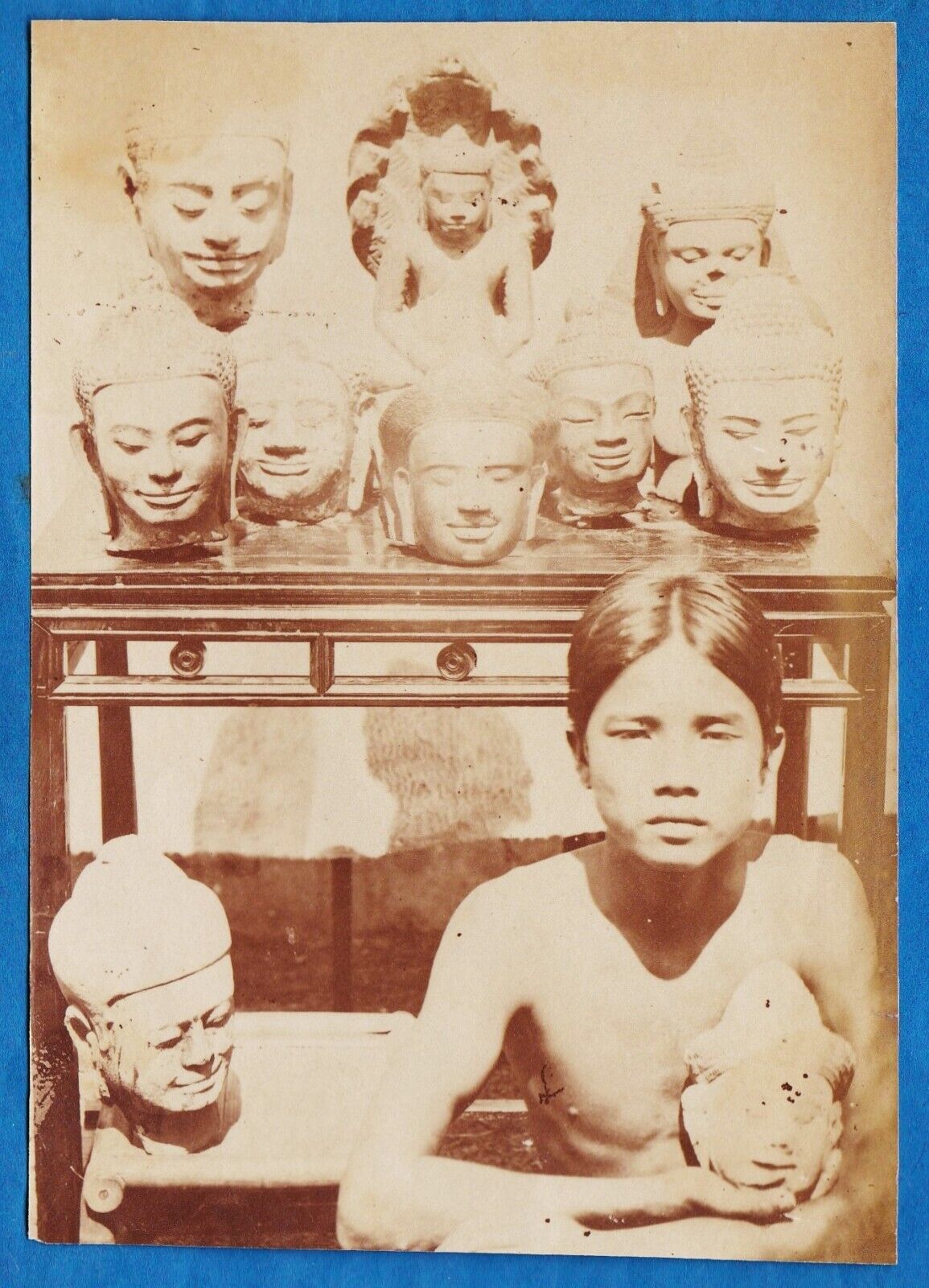 rare vintage ethnic photo native boy & Khmer statue heads Cambodia ca 1885