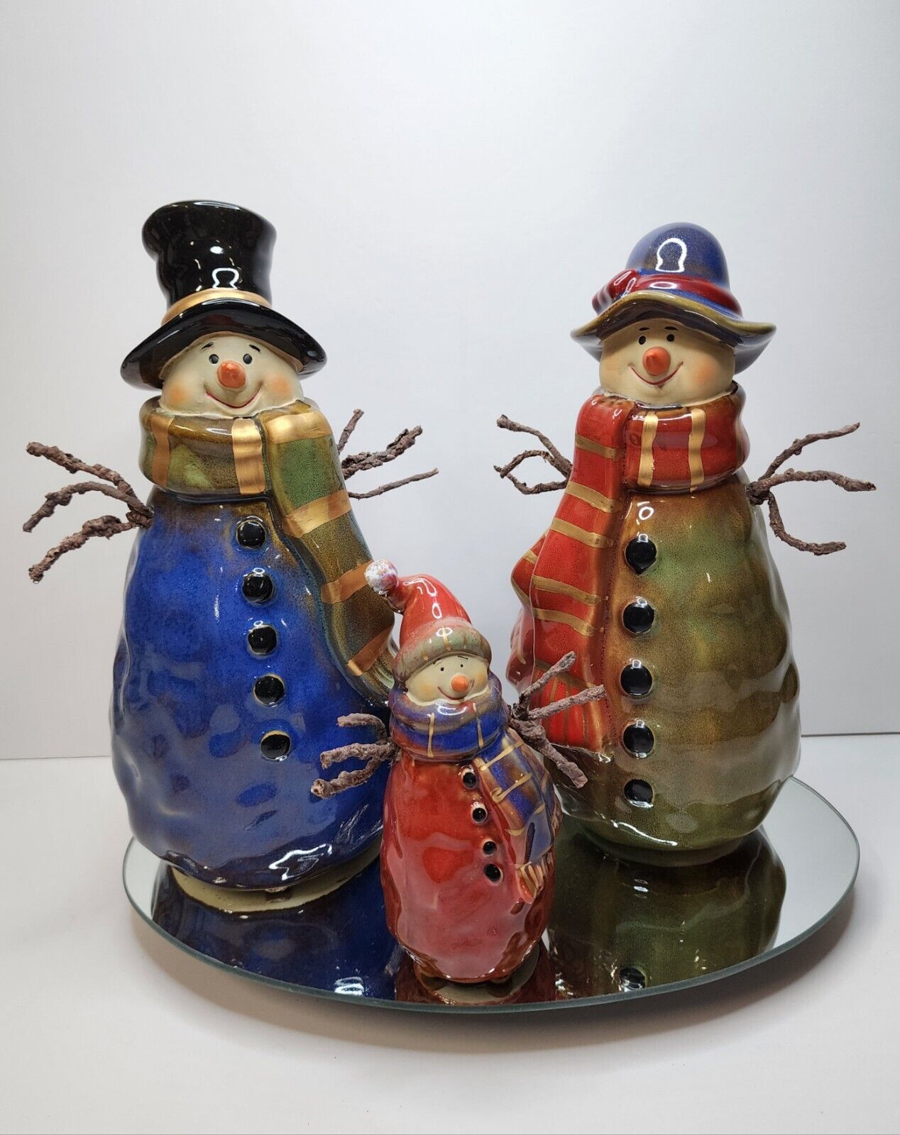 Vintage Kirklands Potters Garden Snowman Family With Mirrored Display Tray & Box
