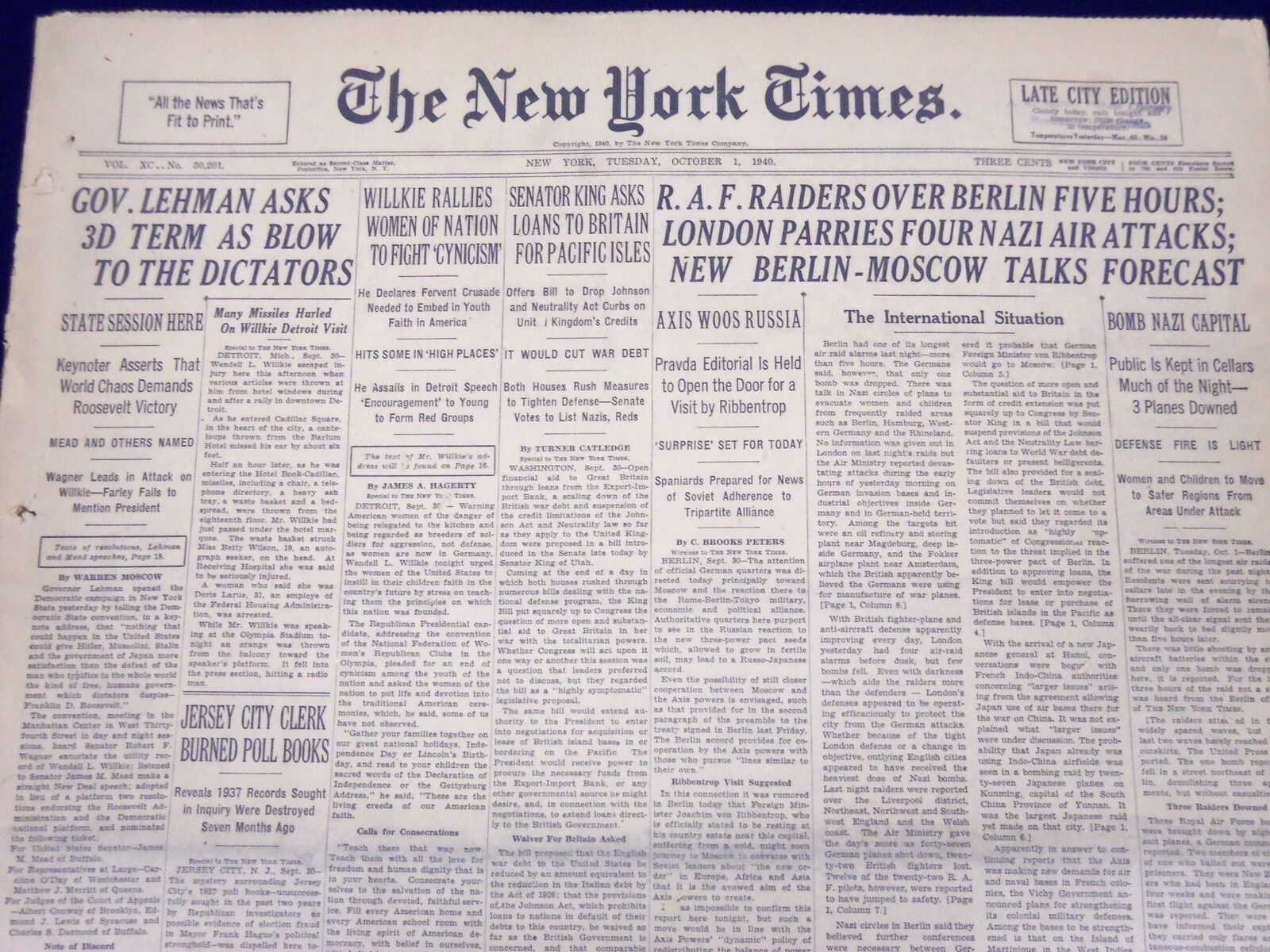1940 OCT 1 NEW YORK TIMES NEWSPAPER - GOVERNOR LEHMAN ASKS 3RD TERM - NT 23