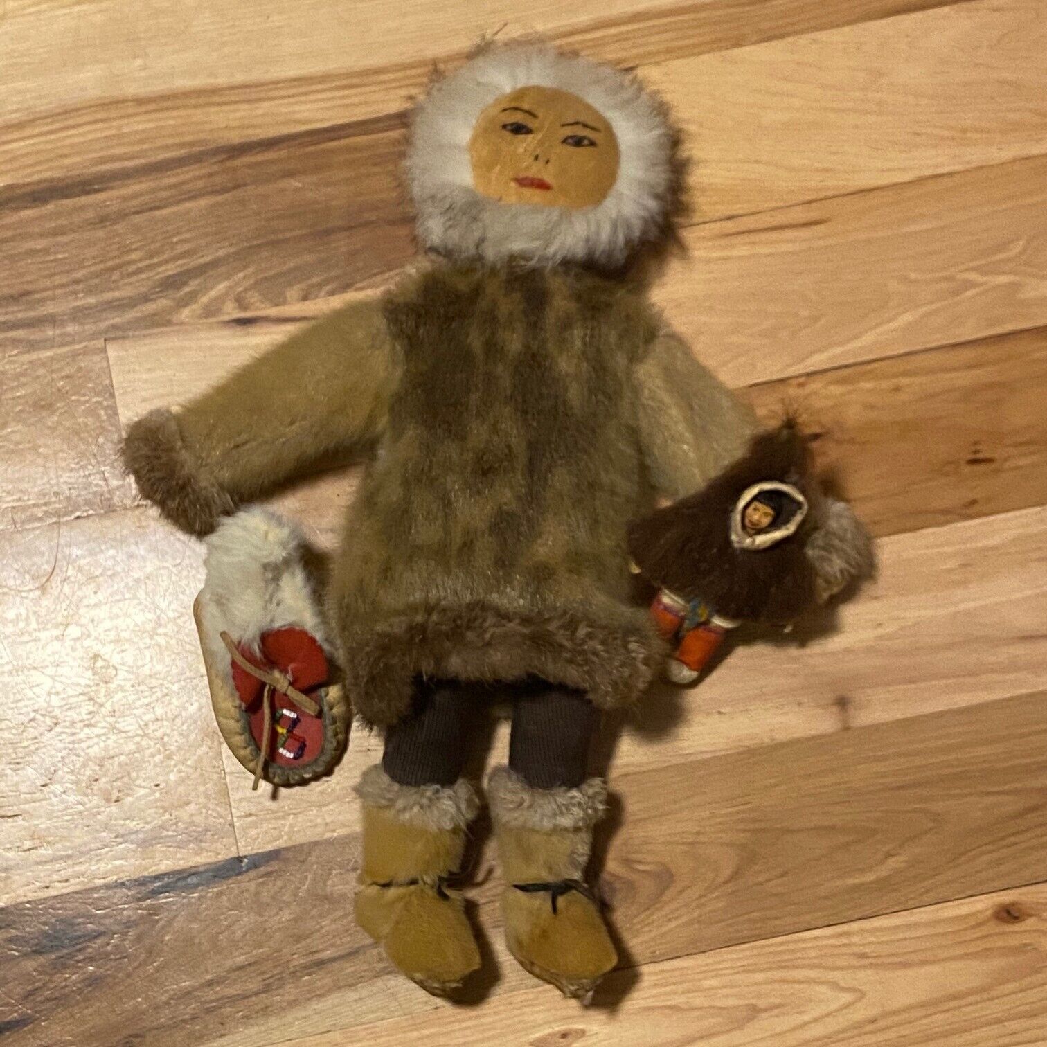 Lot of 3 Vintage Native American Alaska Inuit Handmade Real Fur Dolls & Moccasin