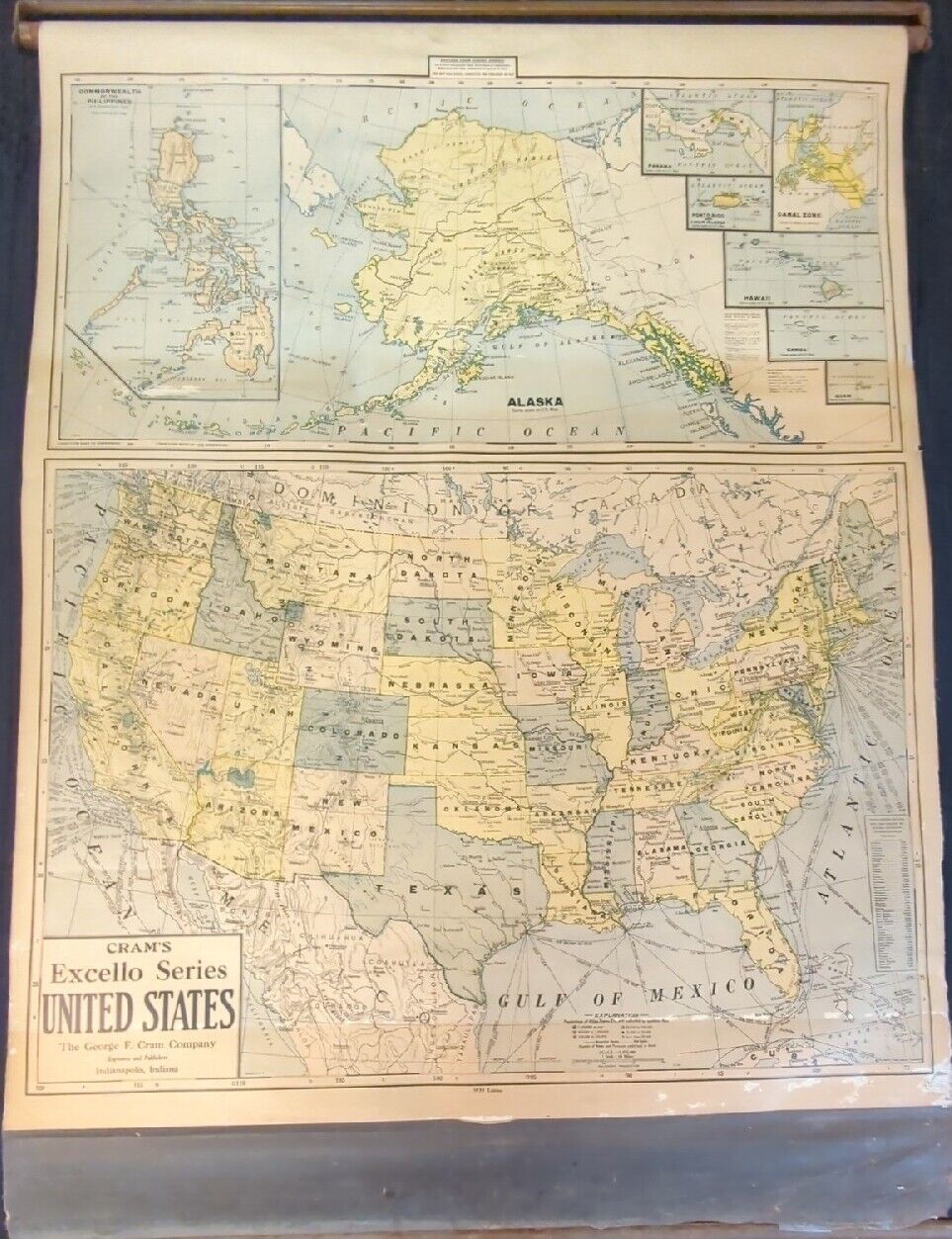 1938 Excello Crams United States Pull Down Large Schoolroom Map Chart