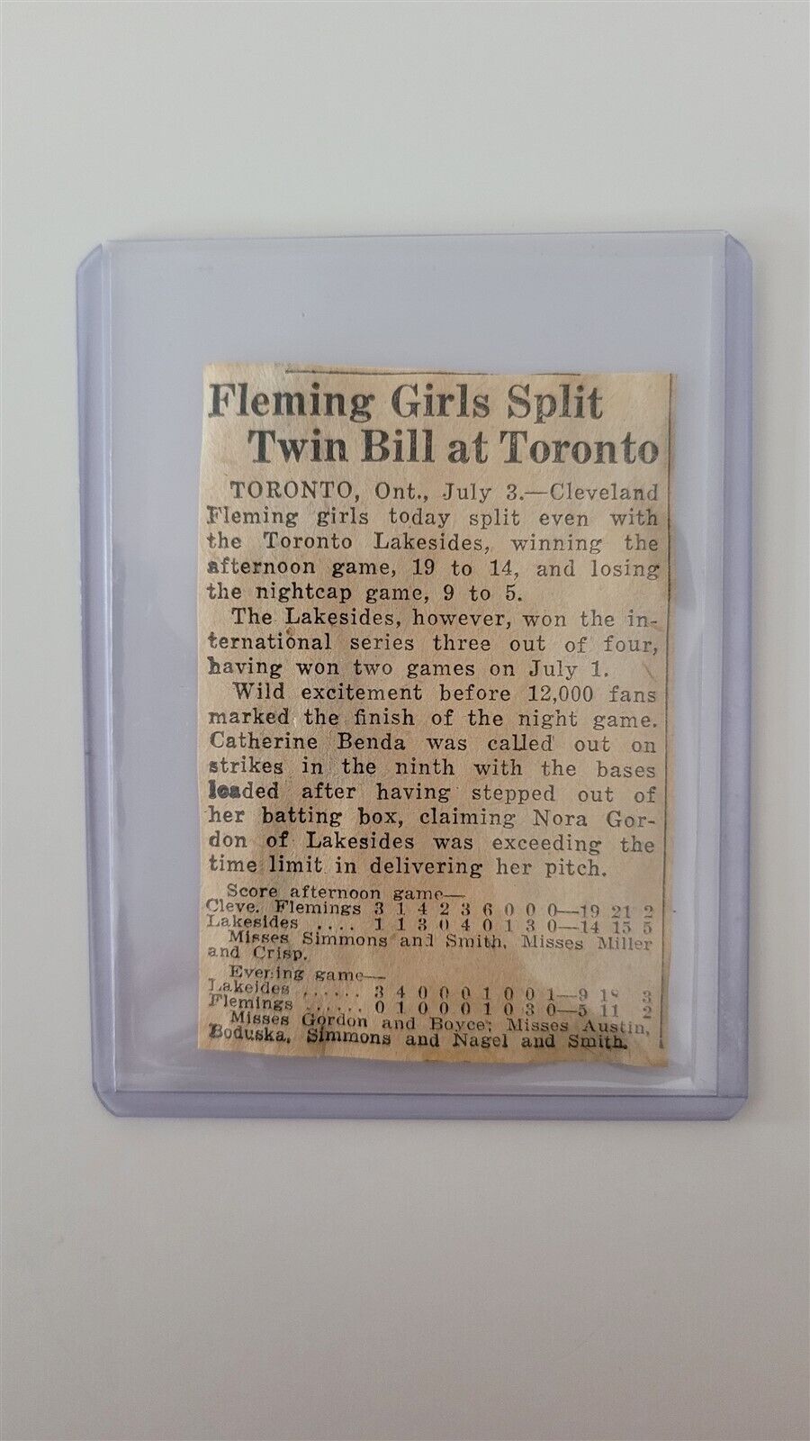 Cleveland Flemings Vs Toronto Lakesides Girl\'s Baseball 1926 Double Header Box