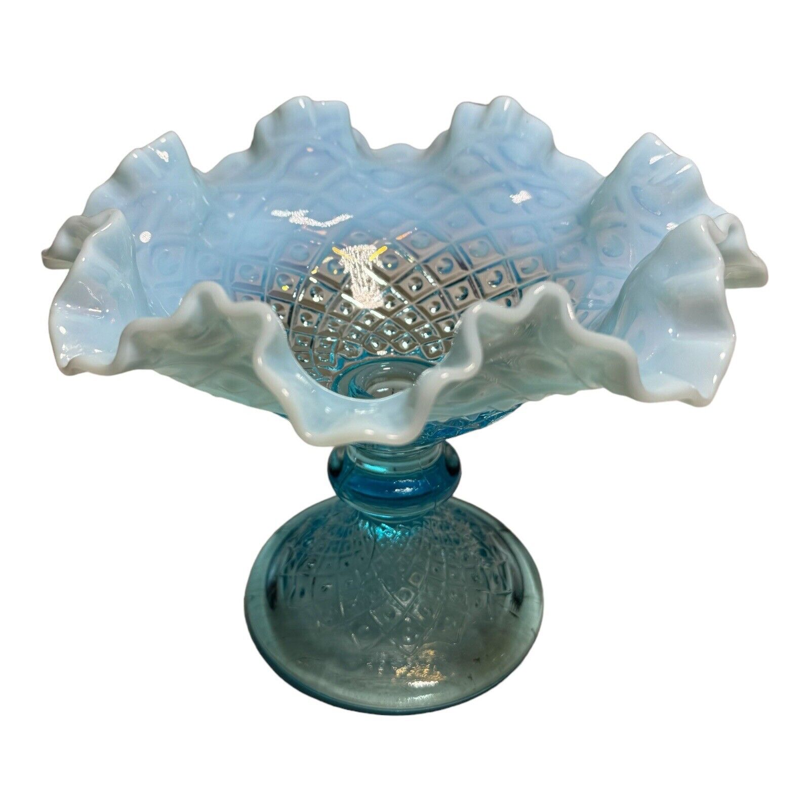 Fenton Vintage Opalescent Aqua Blue Glass Bowl Pedestal Ruffled Diamond Lace 6\