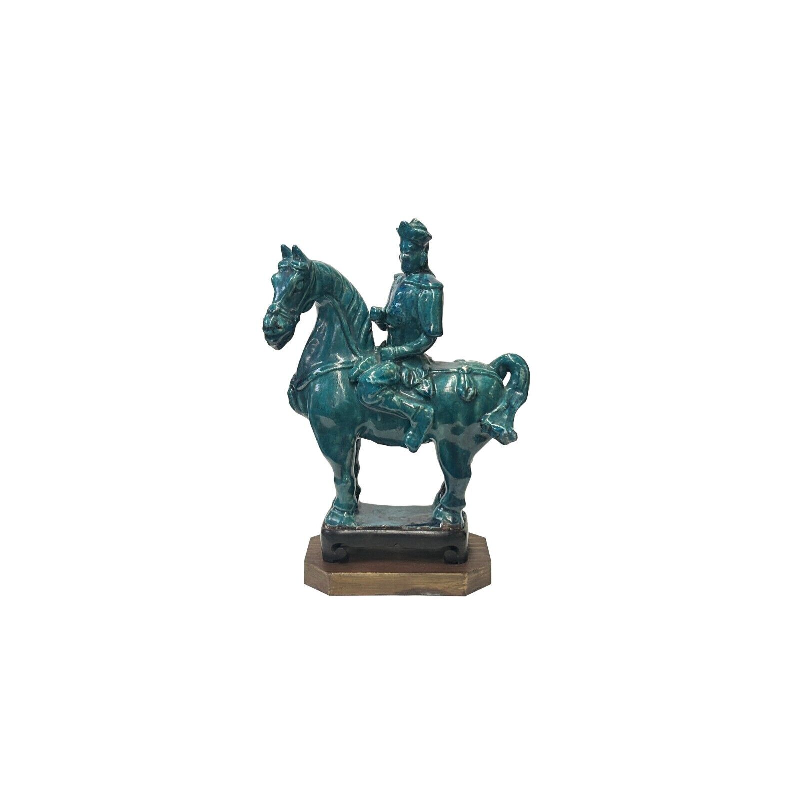 Vintage Distressed Dark Green Glaze Ceramic Soldier Riding Horse Figure ws3781