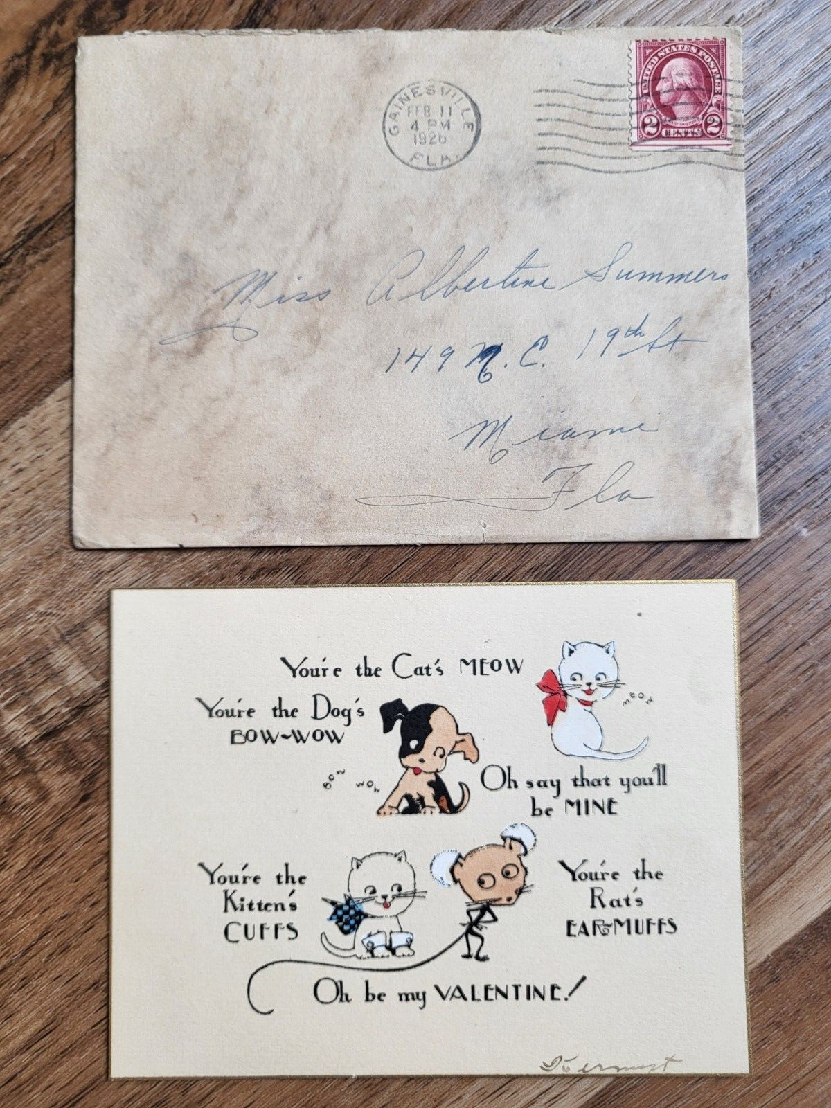 Antique Valentine\'s Card with envelope. 1926. Postmarked Gainesville, FLA