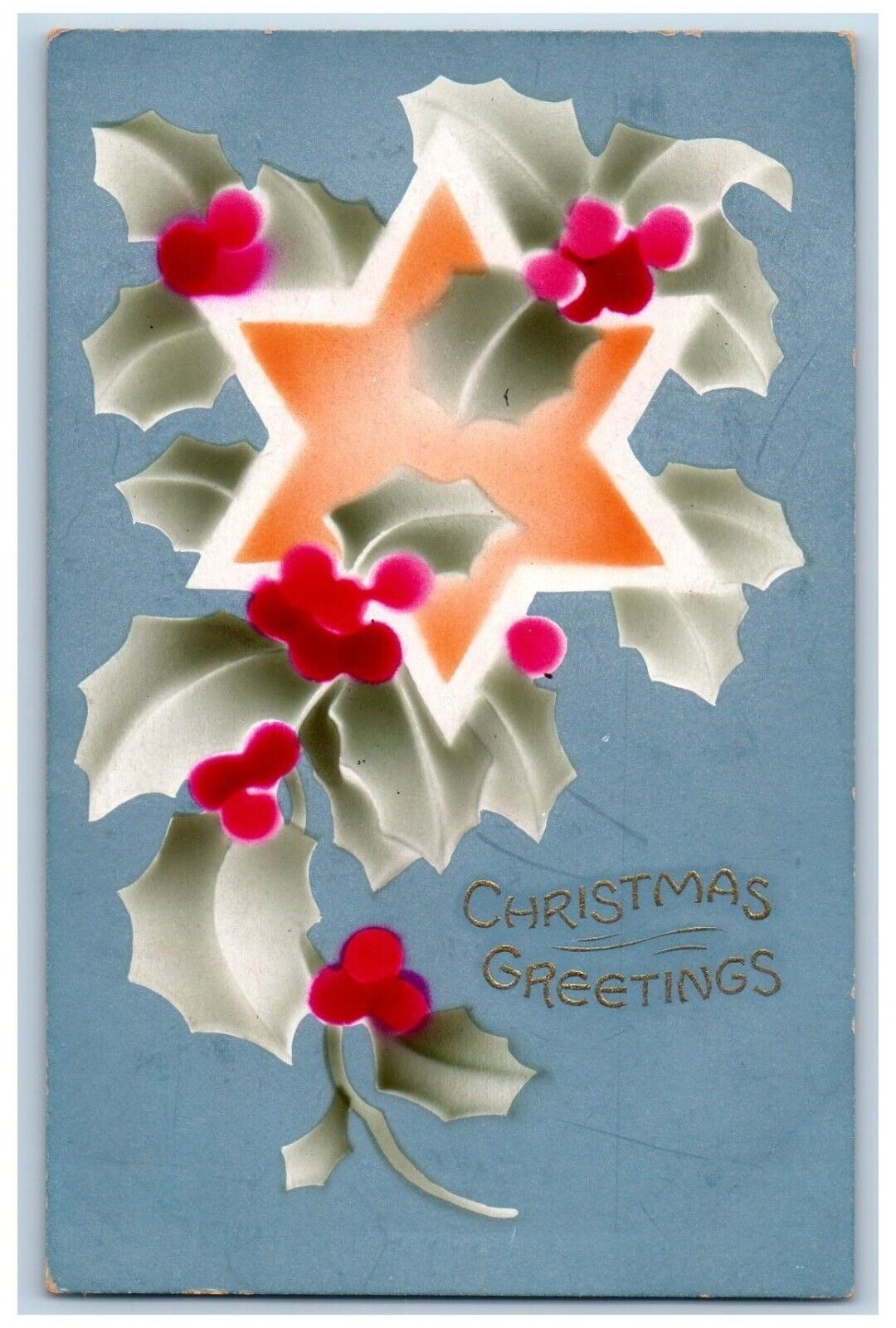 Christmas Postcard Greetings Holly Berries Jewish Star Hand Colored c1910\'s
