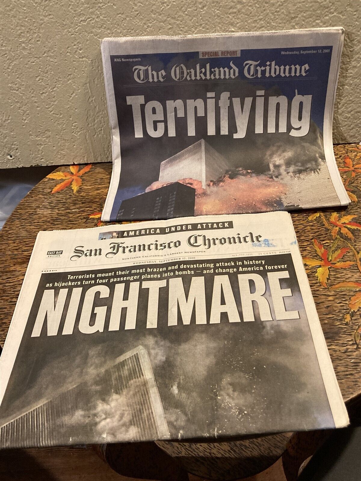 Terrifying, NIGHTMARE - Two Oakland CA newspapers for 9/11 terrorist attack