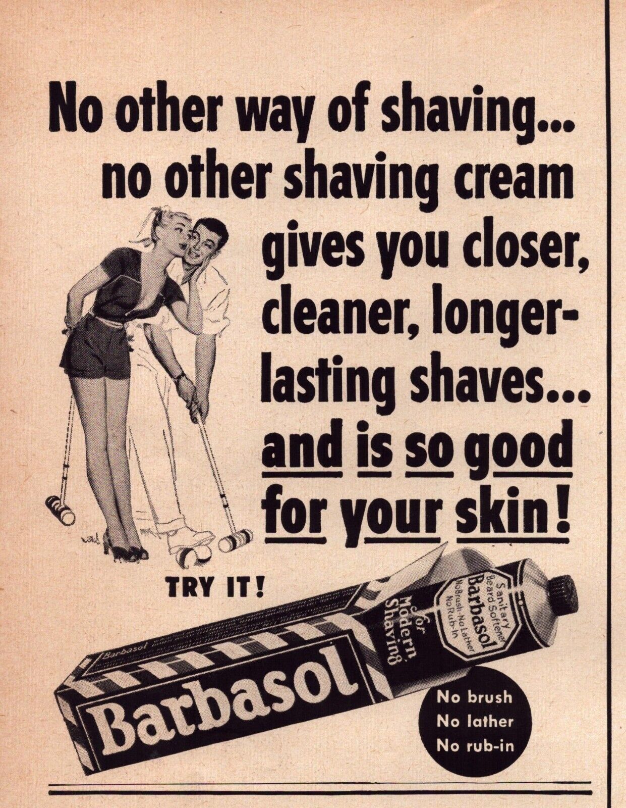 1951 Barbasol Shaving Cream Print Ad Croquet Man Woman