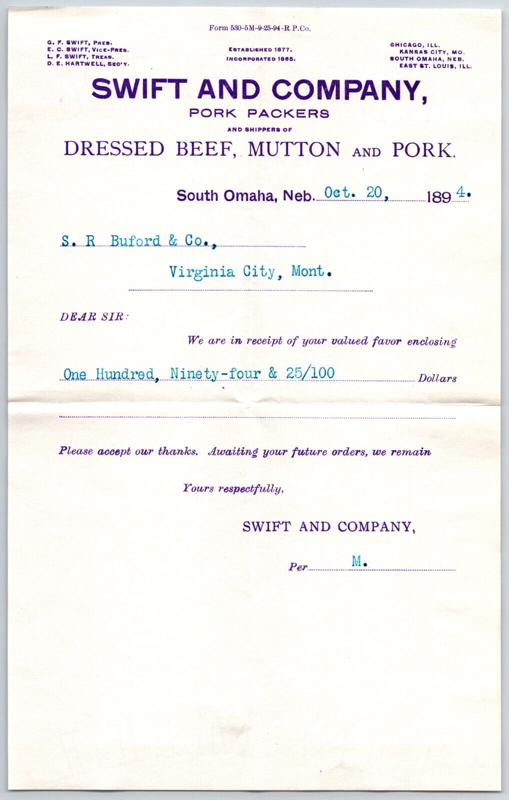 South Omaha, NE Swift and Co. Pork Packers Mutton Buford 1894 Billhead - Receipt