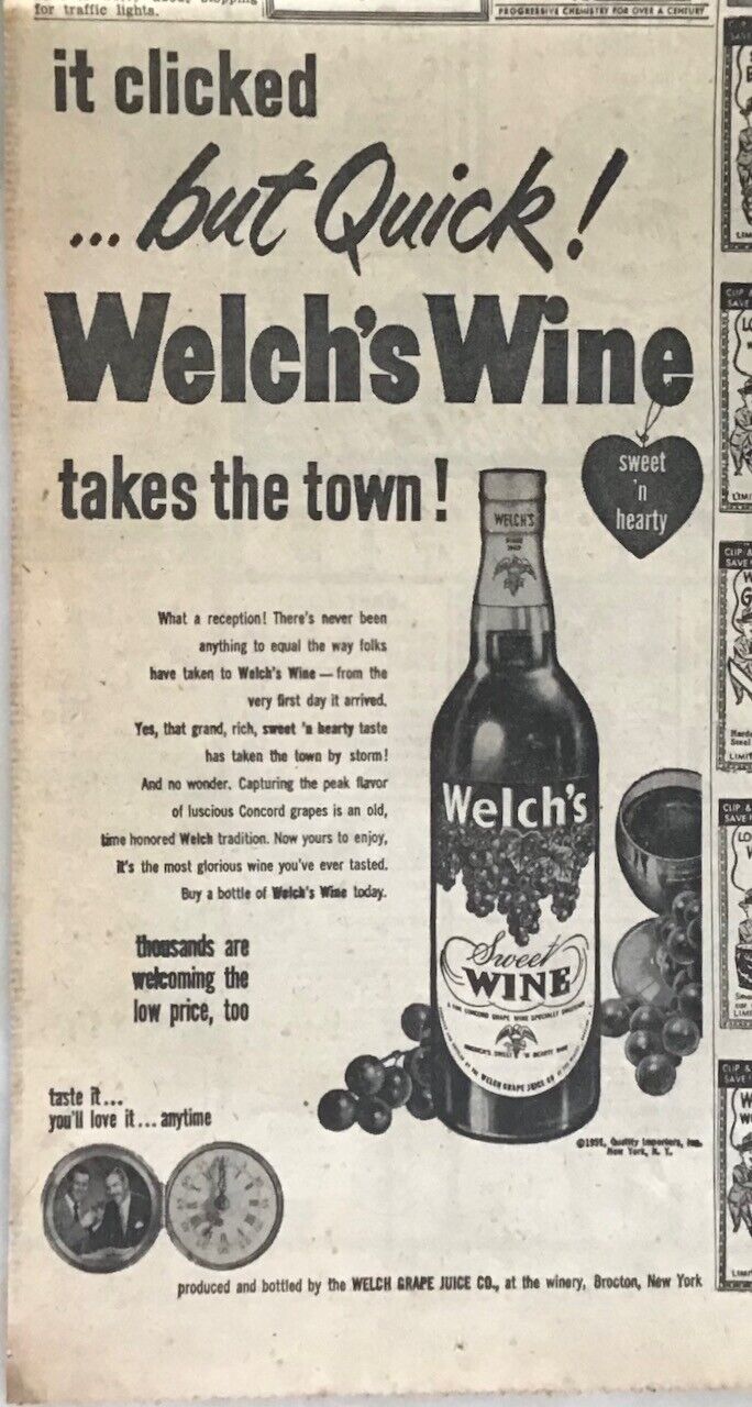 1951 newspaper ad for Welch\'s Wine - Welch\'s Wine takes the town, sweet wine