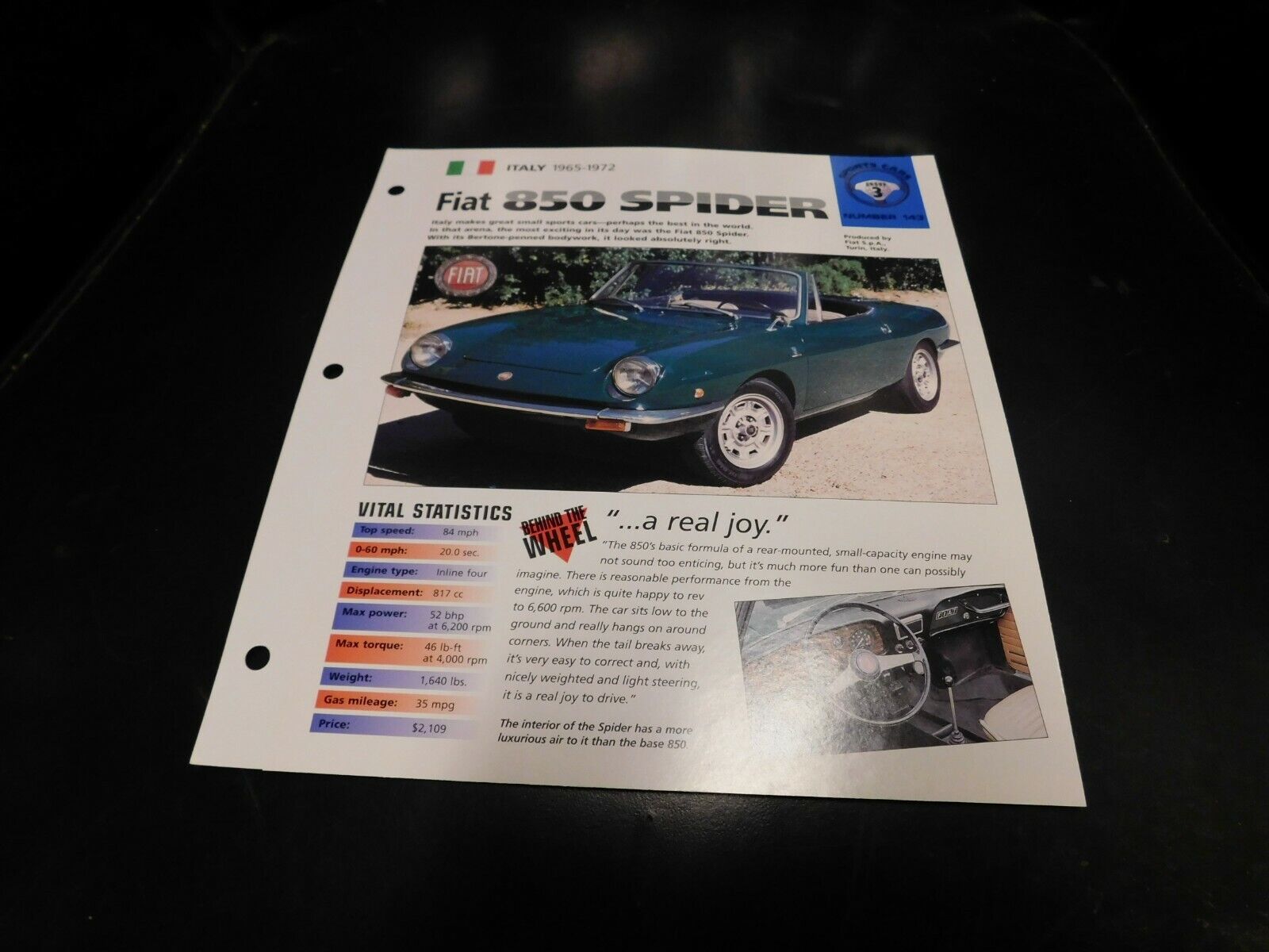 1965-1972 Fiat 850 Spider Spec Sheet Brochure Photo Poster 66 67 68 69 70 71