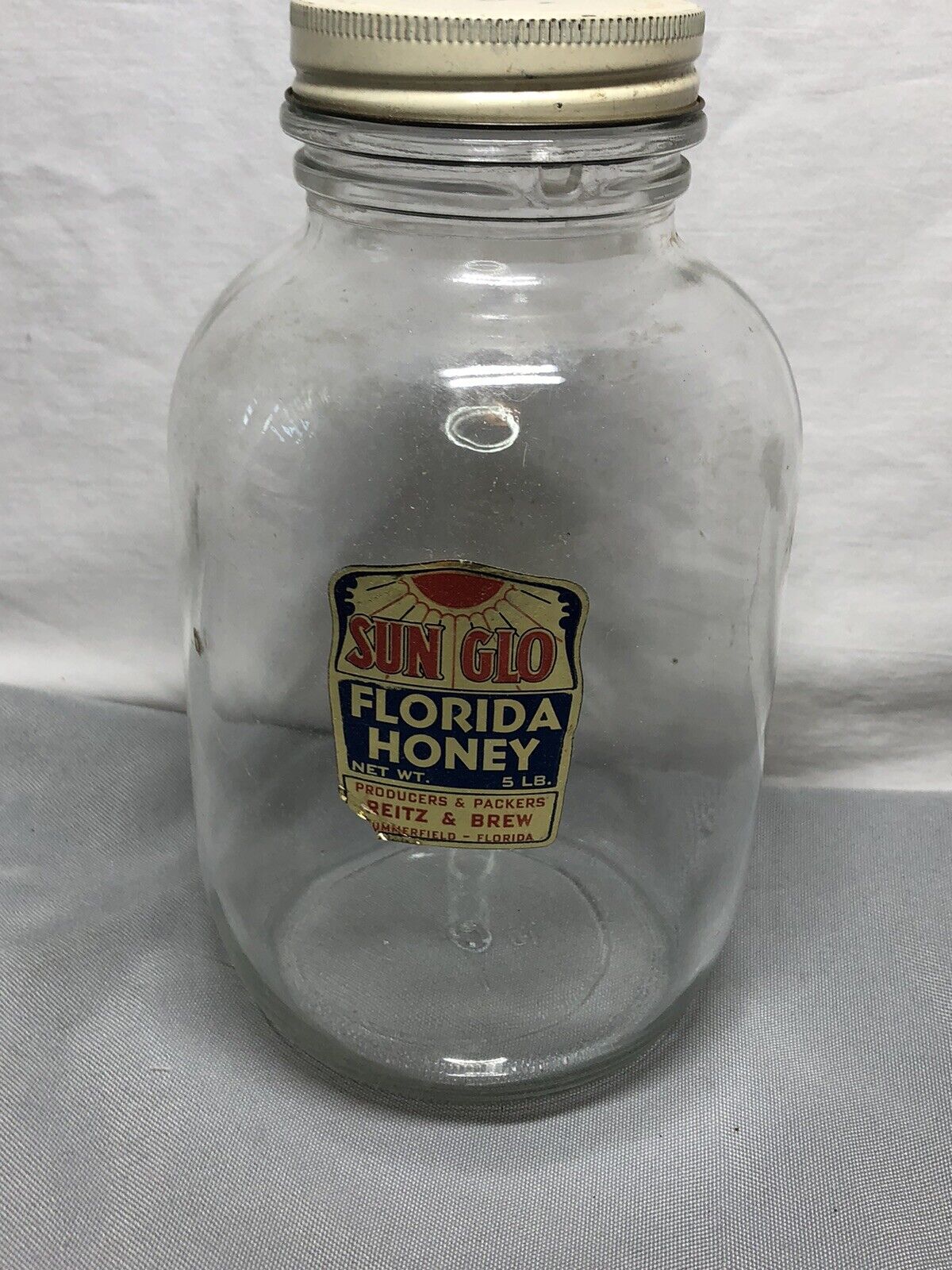 Vintage Sun Glo Florida Honey 2qt Jar 1950\'s-60\'s. Ribbed White Lid. Rare