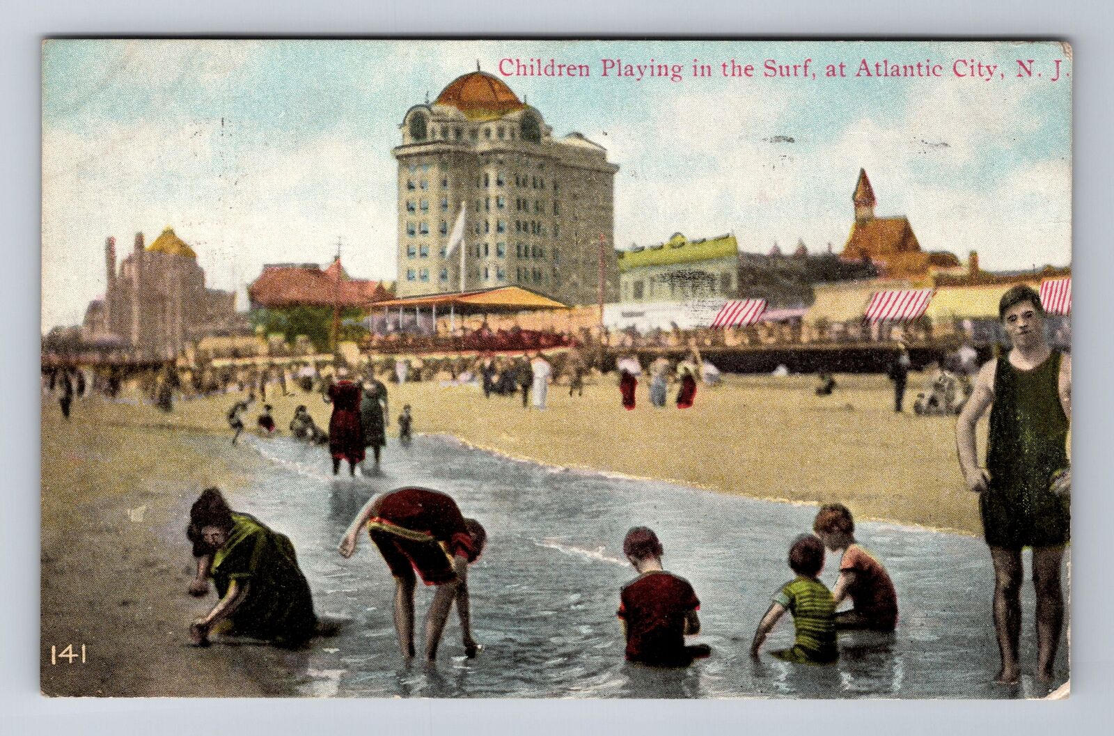 Atlantic City NJ-New Jersey Children Playing In The Surf Vintage c1909 Postcard