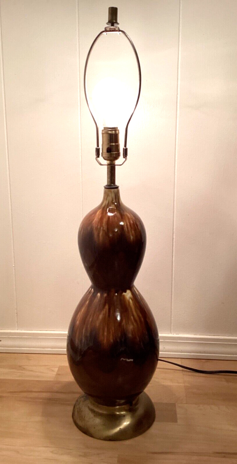 Ceramic Table Lamp Vintage Brown Tan Drip Glaze Mid Century 22.5\